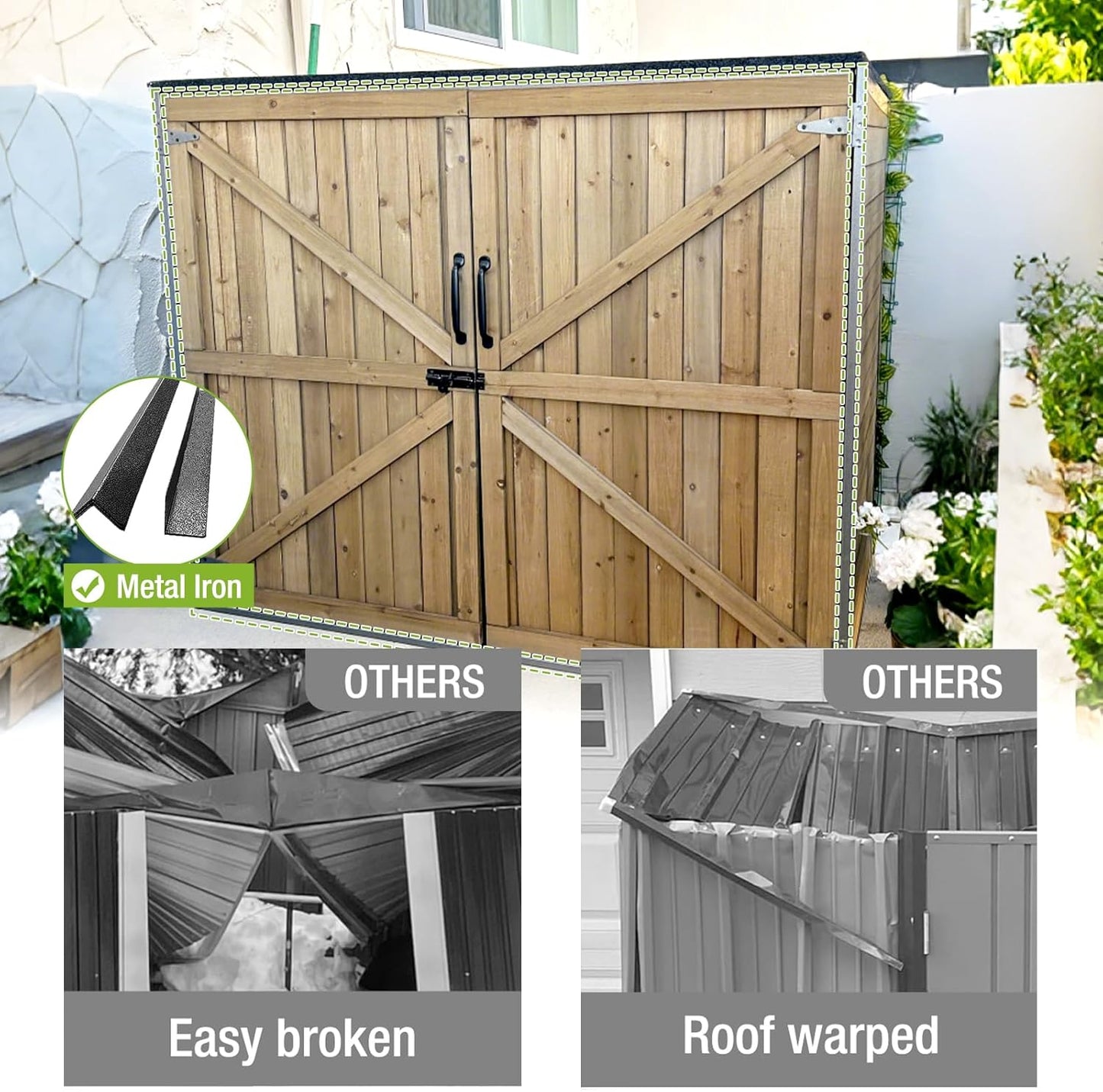 Outdoor Storage Shed with Metal Frame,Wooden Tool Cabinet for Trash Cans, House Garden Shed for Backyard Garden Patio Lawn