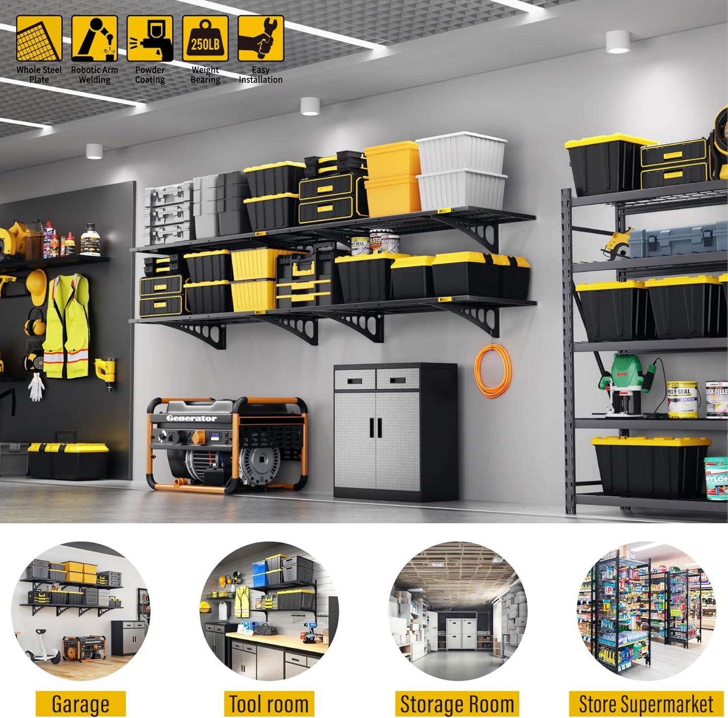 1.64x4ft Adjustable Rail Wall Garage Storage Shelf, for Tool Room, Storage Room, Store Supermarket Wall Storage Shelving Rack (4 Pack-Black)