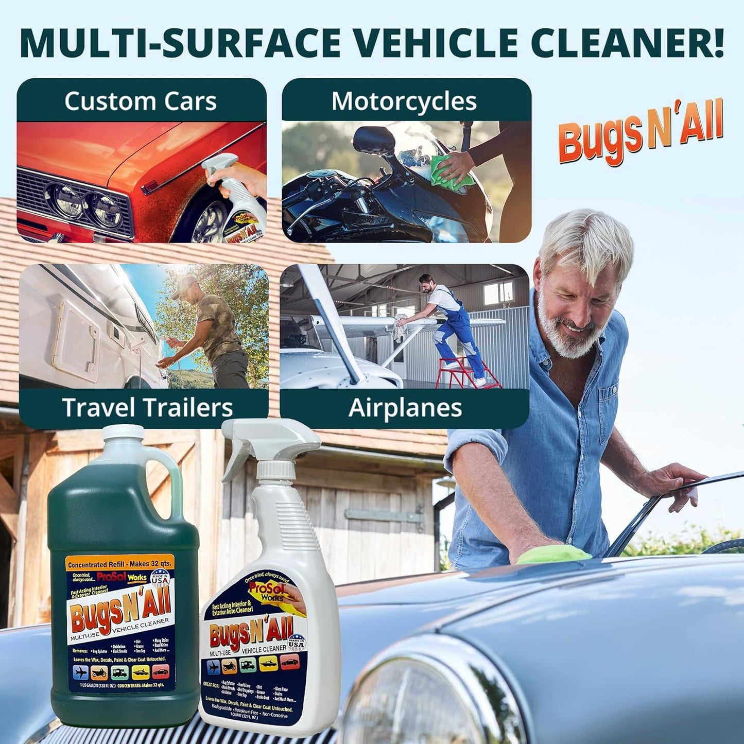 Bugs N’ All Multipurpose Car Cleaner & Degreaser - Bug & Tar Remover Concentrate 1 Gallon - Exterior Cleaner Safe for Car Paint, Metal, Chrome, Aluminum, Windows & Mirrors - w/Free 32 oz Spray Bottle