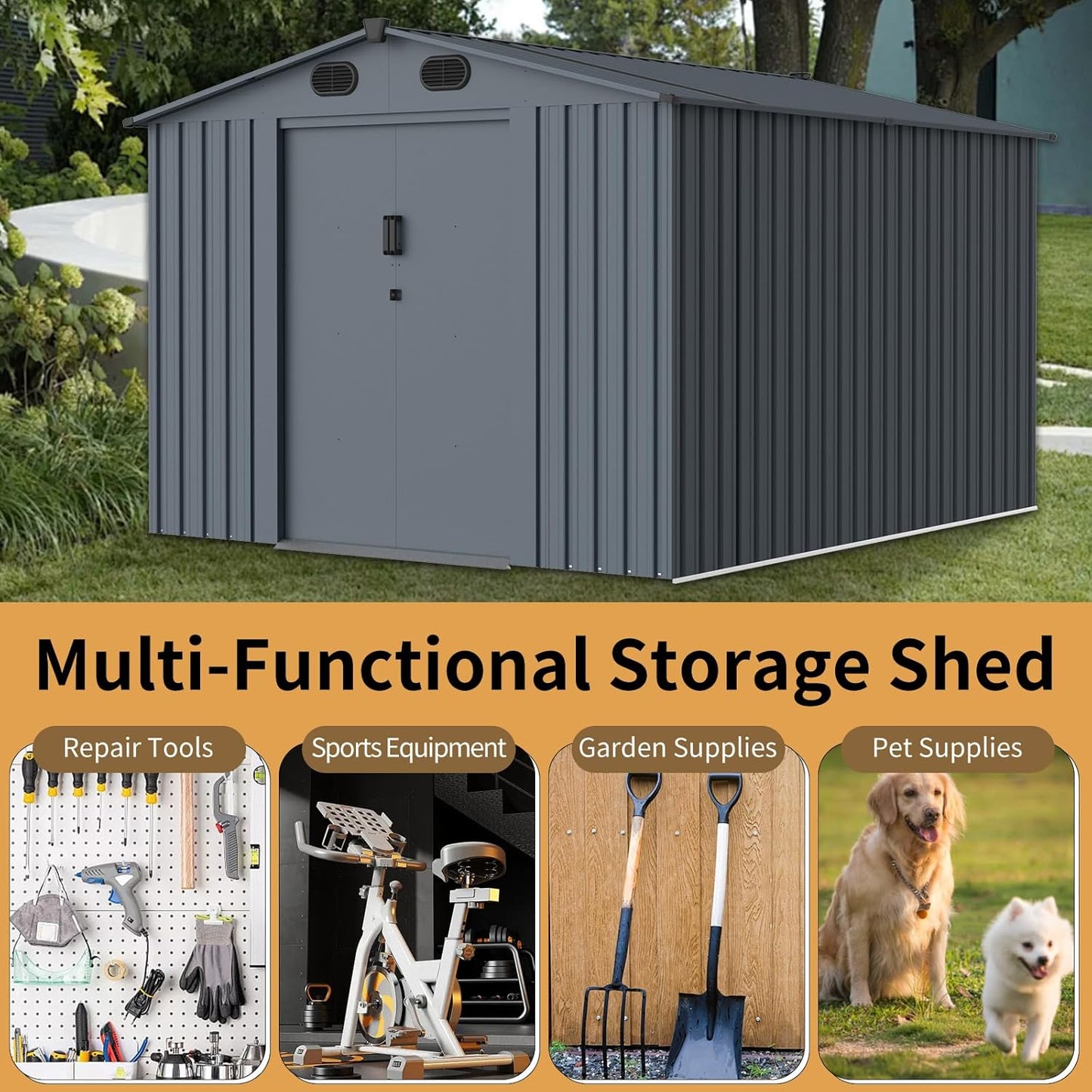 Outdoor Storage Shed 8x10 FT with Window - Metal Sheds & Outdoor Storage for Motorcycle, Bike, Garden Tool, Lawnmower - Backyard Tool Building with 1 Sliding Door and 4 Vents (Without Floor)