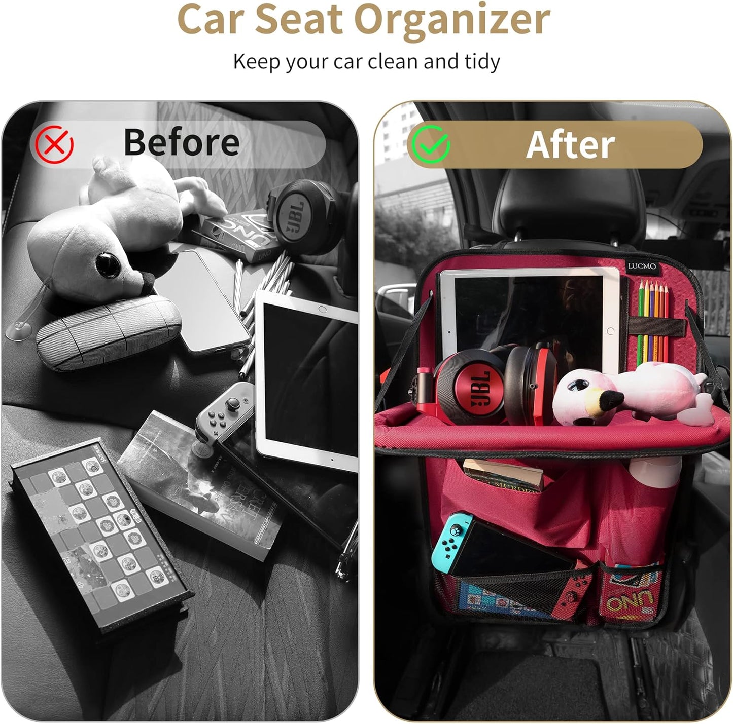 LUCMO Car Backseat Organizer with Tablet Holder,6 Storage Pockets Car Storage Organizer with Foldable Food Tray,Seat Protectors Kick Mats Travel Accessories-Red