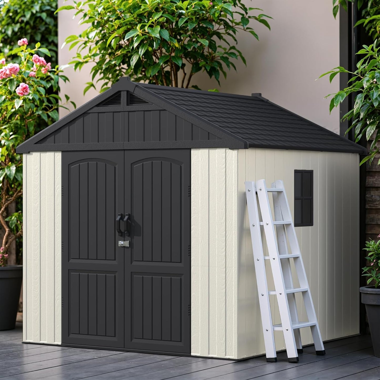 Greesum 8×8 FT Plastic Outdoor Storage Shed with Floor, Resin Sheds with Window and Lockable Door, Weather Resistant Organization for Garden, Lawn, Pool Supplies, Beige