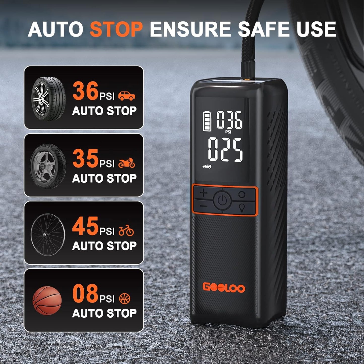 GOOLOO GT160 Tire Inflator Portable Air Compressor, 160PSI Portable Air Pump for Car Tires, 7500mAh Cordless Air Pump with Digital Pressure Suitable for Cars, Bikes, Balls, Motorcycles