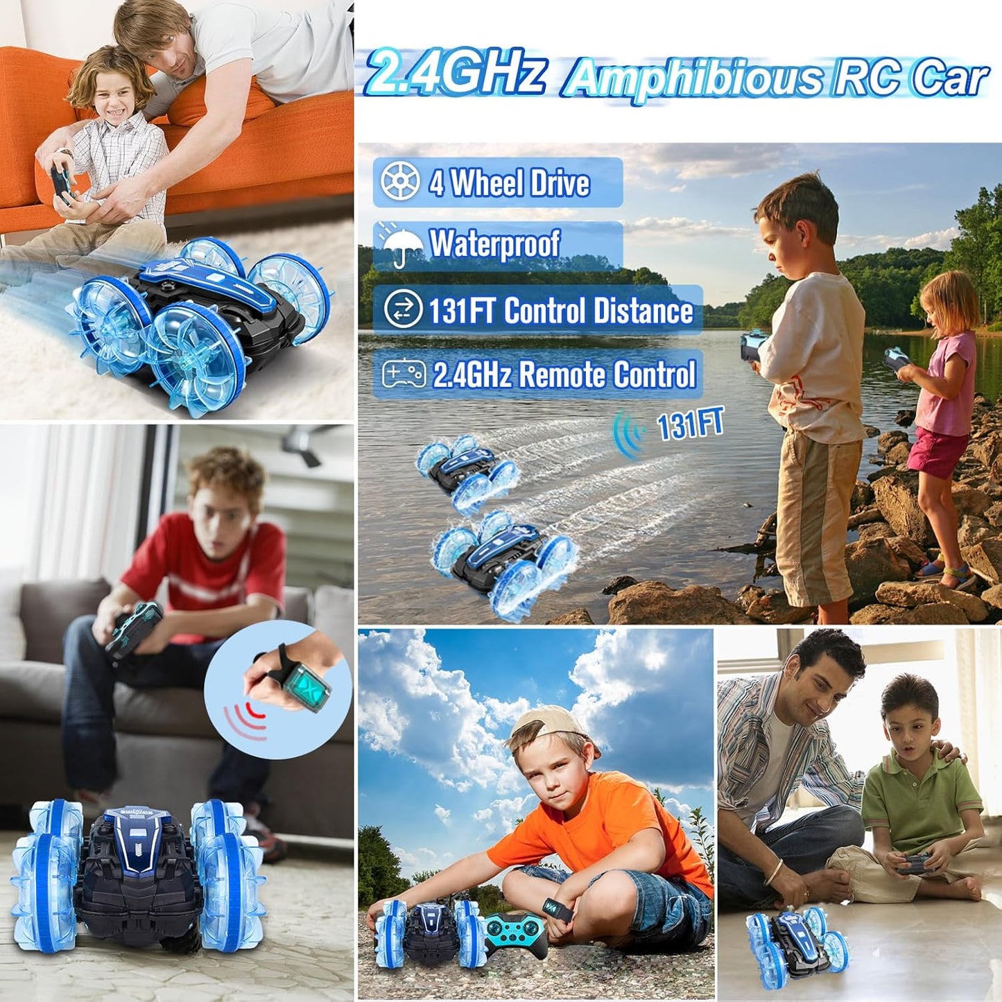 Toys for Ages 5-13, Amphibious Remote Control Car, 2.5GHz 4WD 131Ft 360° Rotation, 180° Flip，60Mins Play, Rechargeable Gesture Rc Car with LED, Battery, Kid Toys, Christmas, Birthday Gifts