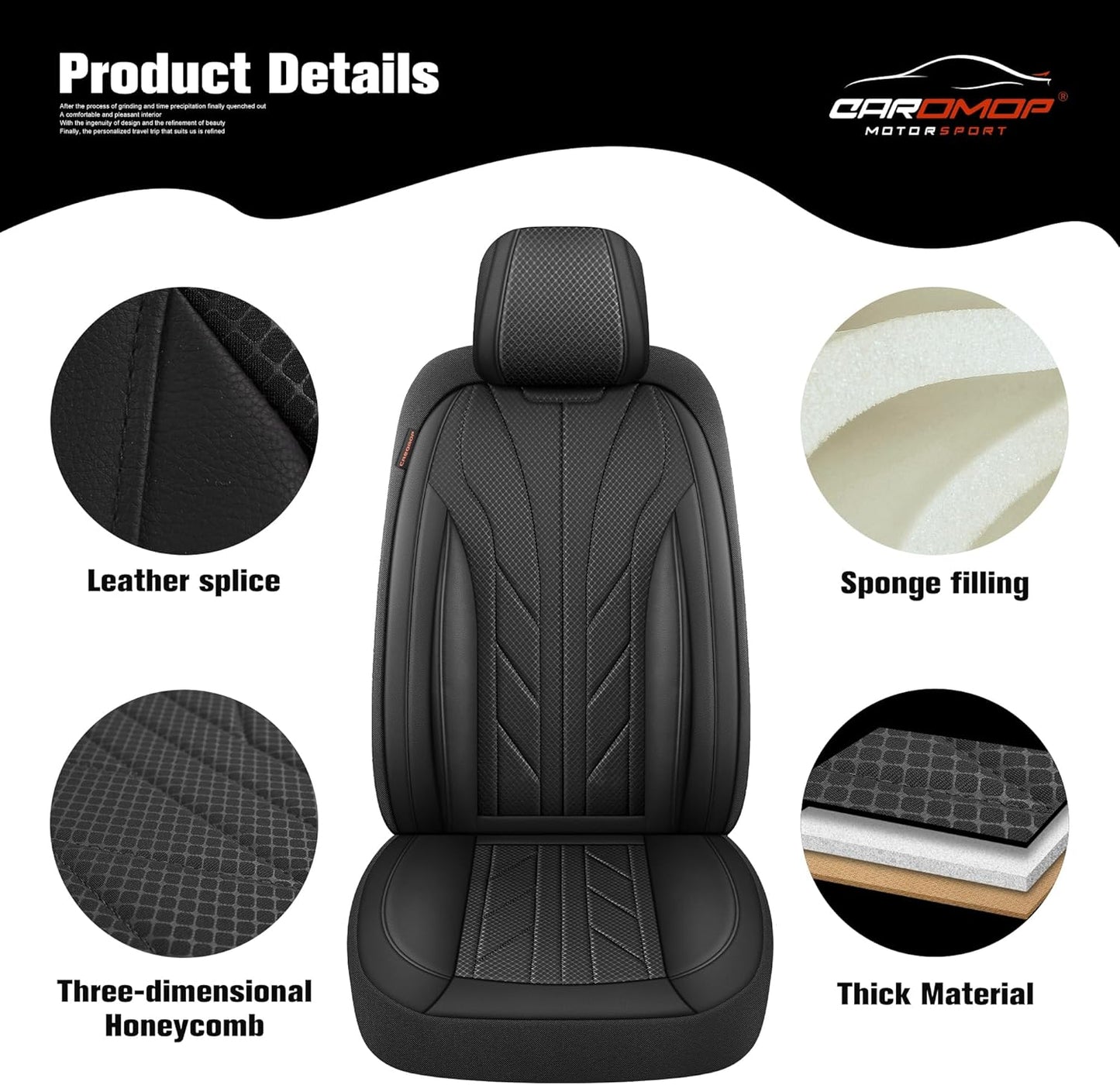 CAROMOP Luxury Faux Leather&Fabric Car Seat Covers Full Set with Breathable 3D Foam Back Support,Universal Comfortable Seat Covers for Cars,Trucks,SUVs, Front Armrests Compatible(5-Seat Black)