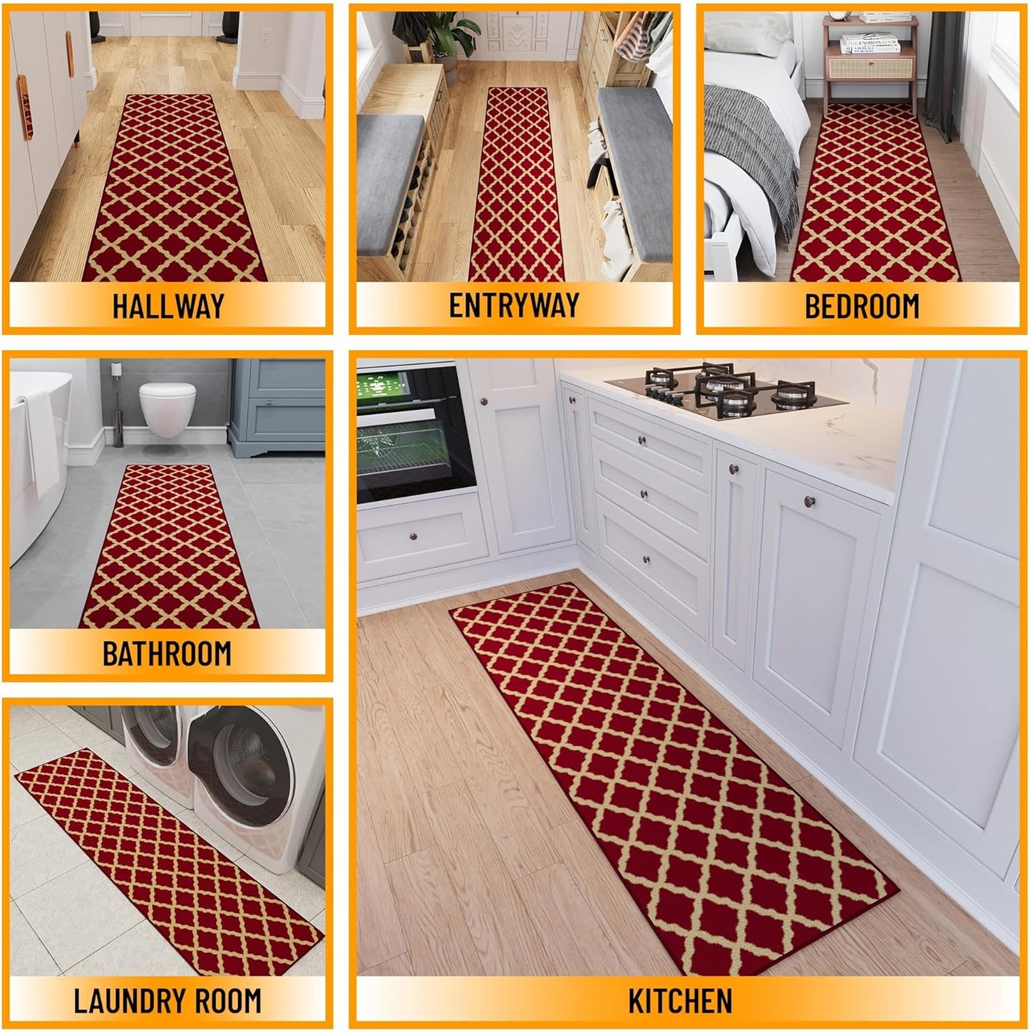 Ottomanson Hallway Runner Rug 1'10" x 7' Non Slip Trellis Area Rugs Easy to Clean Laundry Rug Runner Durable & Pet Friendly Floor Carpet Runners for Hallways Entryway Living Room Kitchen Bathroom, Red