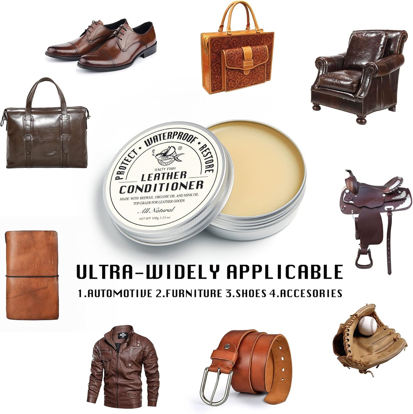 SALTY FISH All-Natural Leather Conditioner and Cleaner,Made with Mink Oil Beeswax,Protect Soften Waterproof Leather Furniture,Car Seats,Shoes,Boots,Bags (3.53 Oz with Sponge)