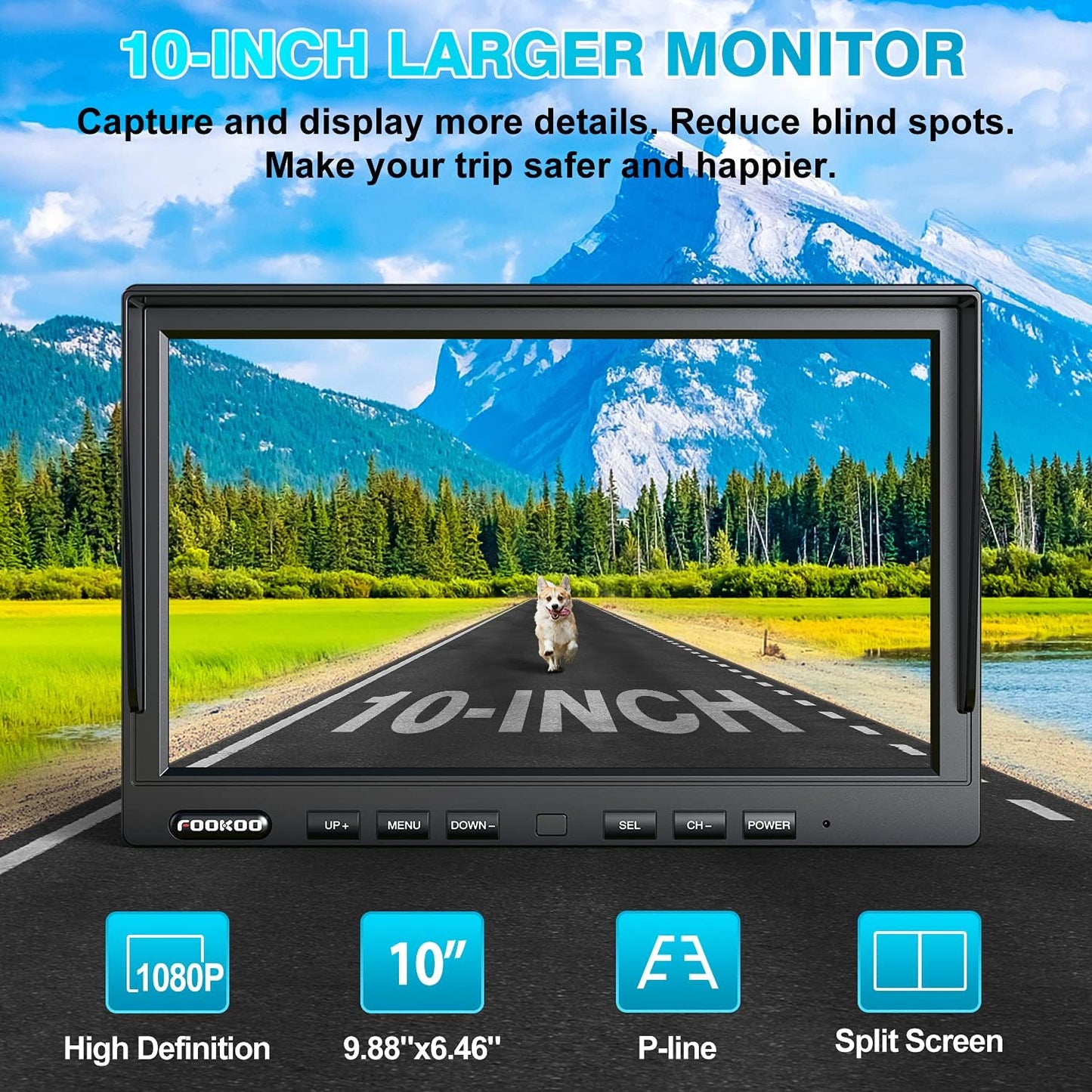 Fookoo HD 1080P 10" Wireless Backup Camera System, 10-inch Quad Split Screen Monitor w/Recording, IP69 Waterproof Side Rear View Cameras, Digital Signal, Parking Lines for RV/Truck/Trailer