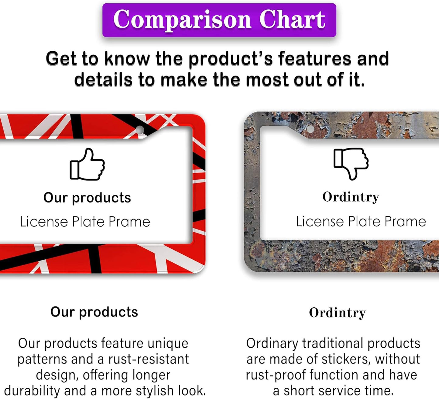 Automotive Exterior Accessories Red, Black, White License Plate Frames Rock Guitarist Red Black White Stripes Aluminum Metal Car Accessory 2 Pack with Screw Covers Set