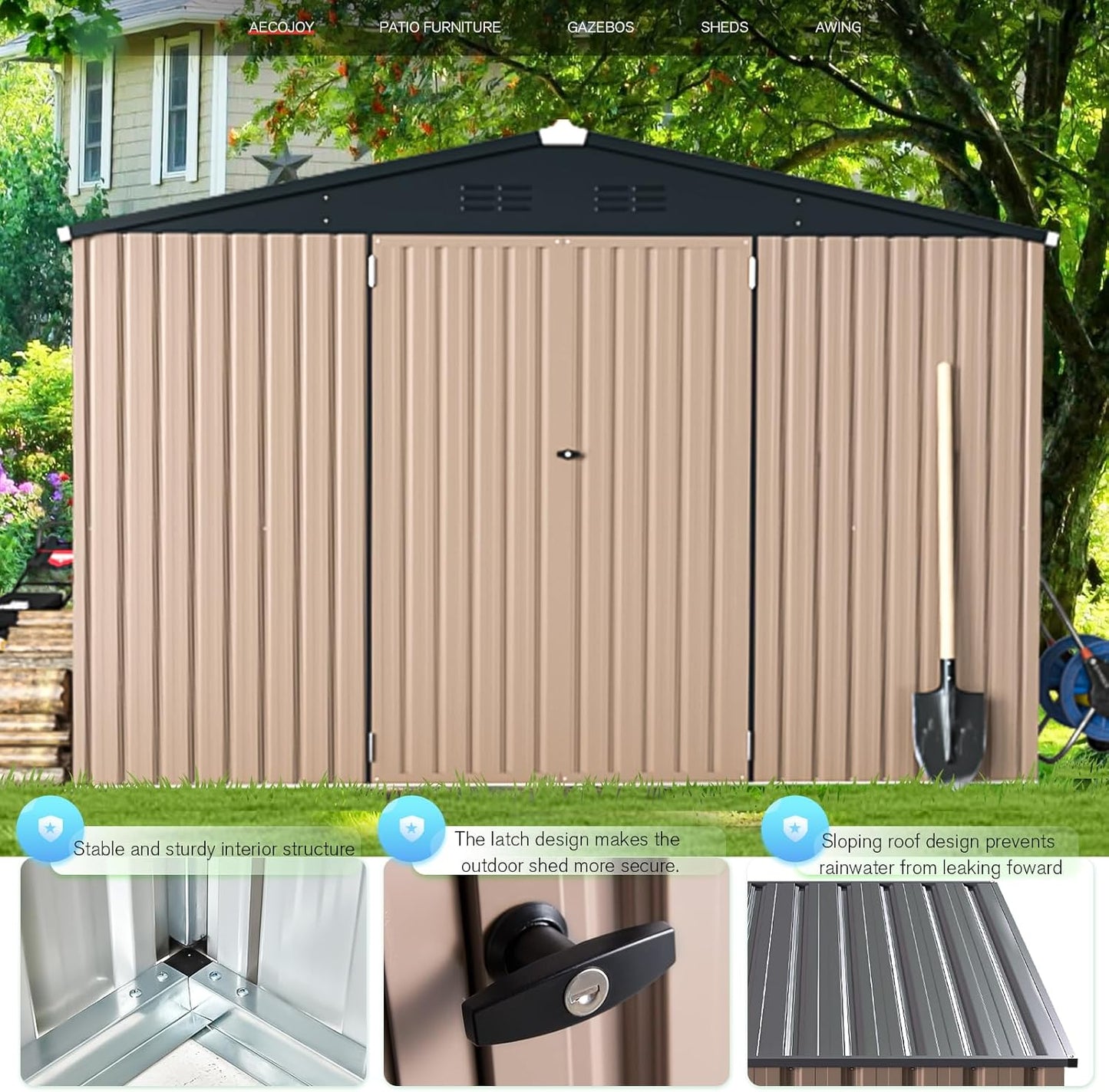 AECOJOY 10'x10' Outdoor Storage Shed, Large Metal Sheds & Outdoor Storage Clearance Steel Yard Shed with Lockable Doors, Utility and Tool Storage Garden Sheds for Barkyard, Patio and Outside Use