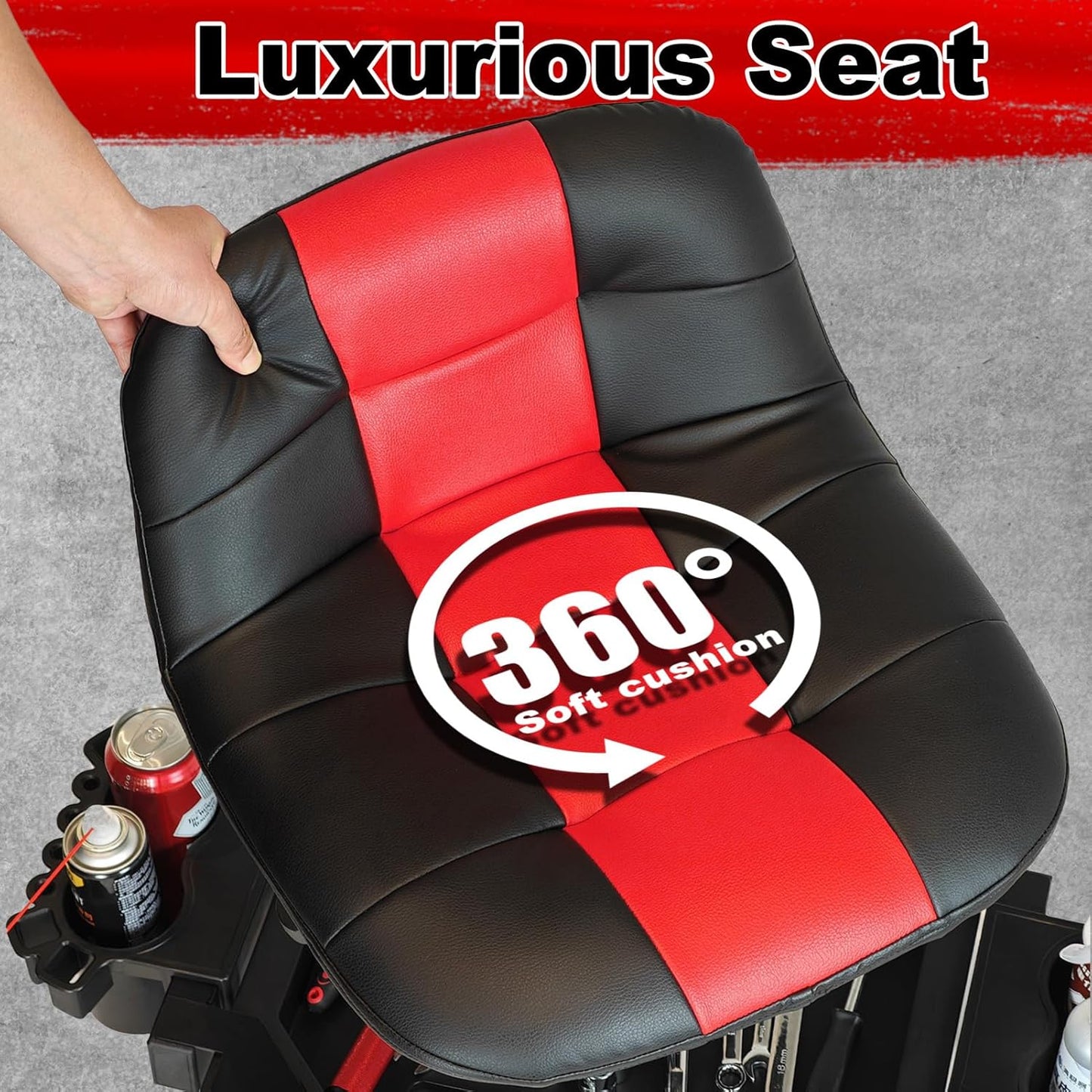 Rolling Stool with Wheels, Adjustable Height Pneumatic Garage Work Mechanic Stool Seat with Backrest, 400 LBS Capacity 360° Swivel Mechanic Crepper Chair with Tool Tray Storage, Red