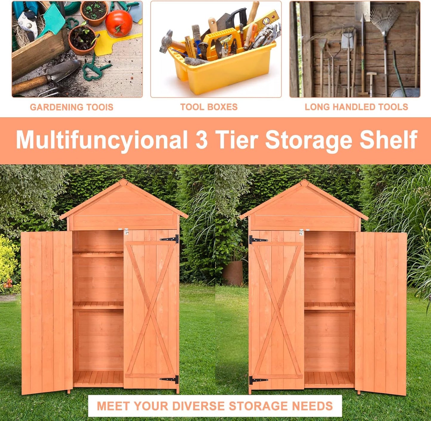 Wooden Tool Shed Large Outdoor Storage Cabinet & Garden Storage Shed with Lockable Doors, Heavy Duty Waterproof Construction for Backyard, Patio, Garage, Lawn Organizer