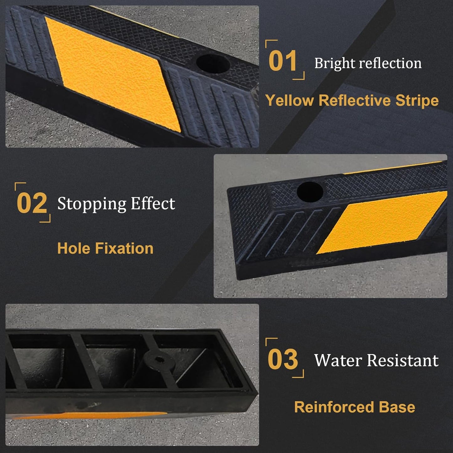 OrangeStar 21" Rubber Parking Curbs, Heavy Duty Garage Floor Wheel Stopper w/Yellow Reflective Stripe for Car, Truck, Trailer, 4 Pack