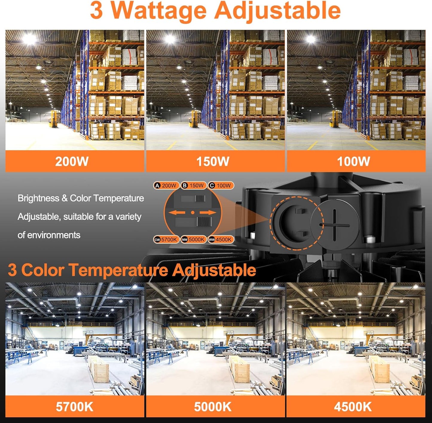 6Pack LED High Bay Lights, 200W UFO High Bay LED Shop Lights, 30000LM Adjustable CCT(5700K 5000K 4500K) & Power(200W 150W 100W), 0-10V Dimmable, 5' Cable Plug, IP65 Waterproof, ETL & DLC Listed