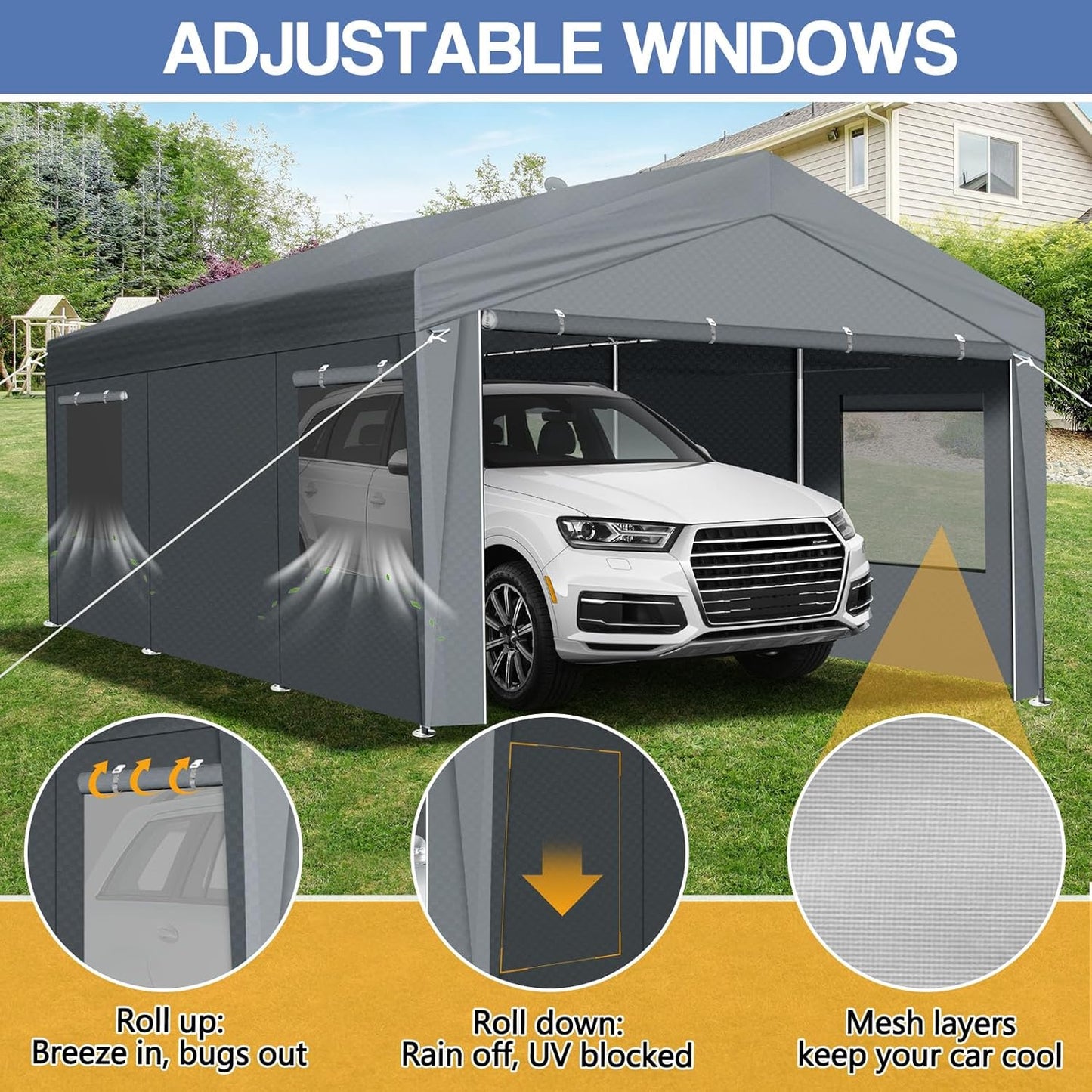VINGLI 10x20 Carport Canopy Portable Garage with Roll-up Windows & Removable Sidewalls, Car Canopy Heavy Duty Car Tent for SUV, Boats, RVs, Trucks