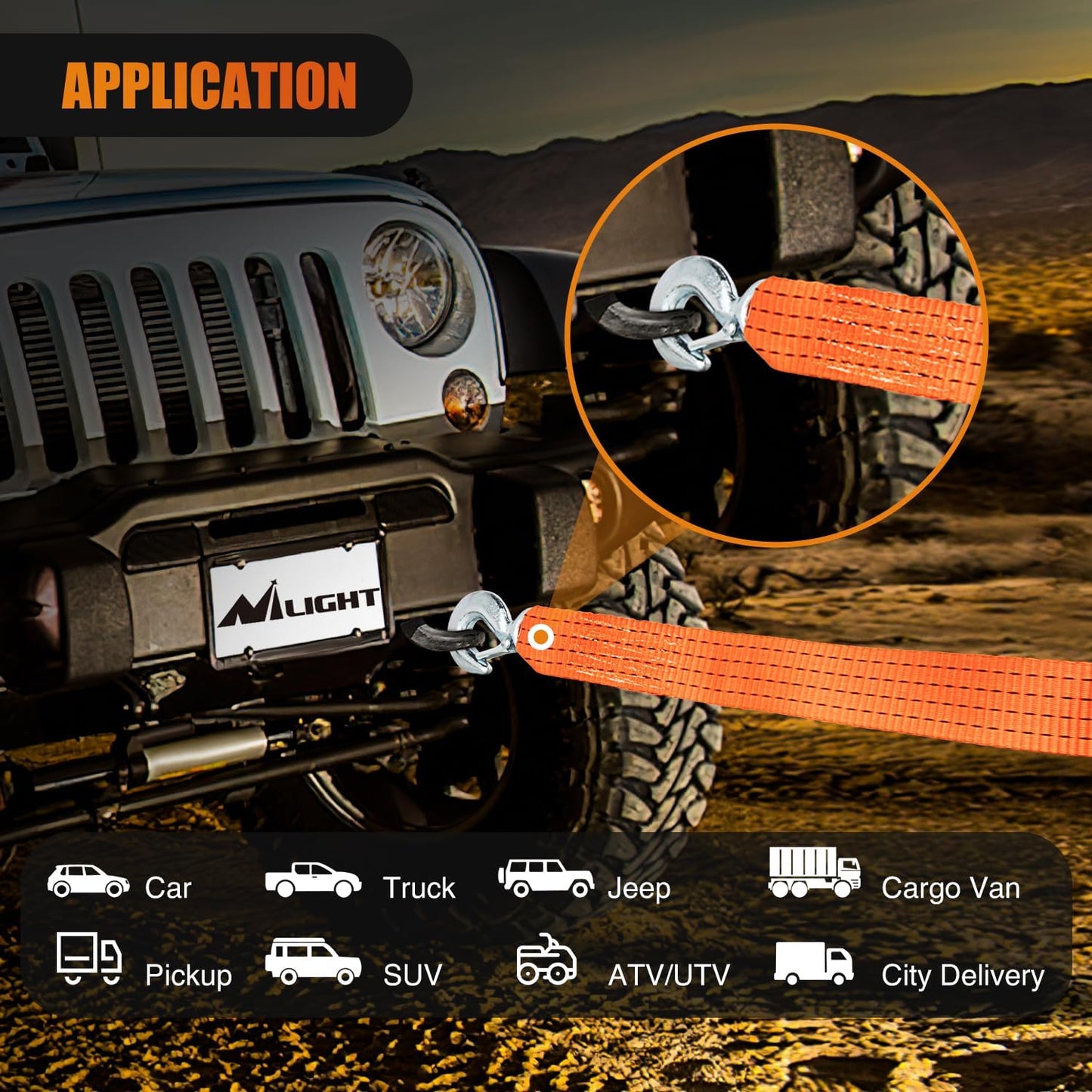 Nilight Tow Strap Heavy Duty with Safety Hooks 2”x20’ 10,000LBS Breaking Strength Towing Strap Rope for Trucks Vehicles Towing Accessories Cable Trailers, 2 Years Warranty