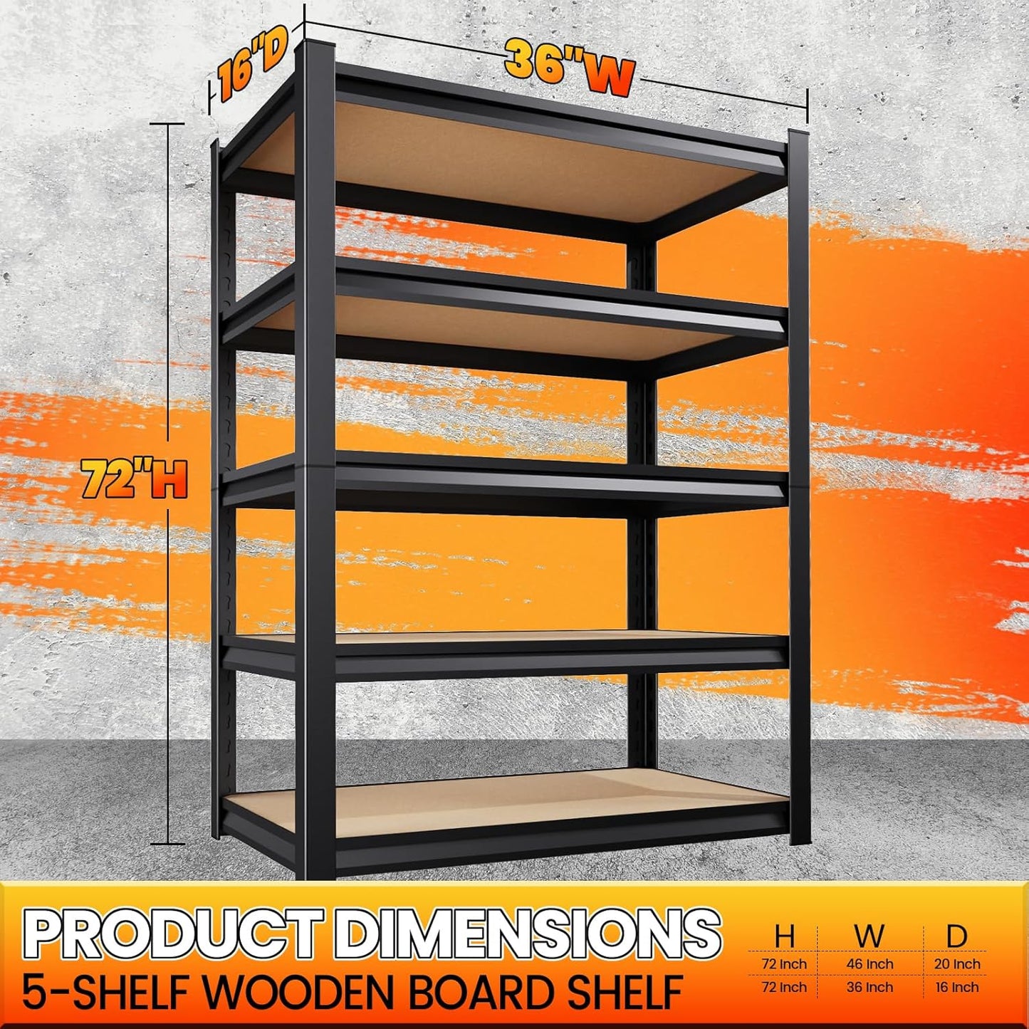 72" H*36'' Storage Shelves 2500lbs Garage Shelving, Adjustable Heavy Duty Garage Shelves, Easy to Install Metal Shelving Wood Shelving Unit, Storage Shelf for Basement Warehouse