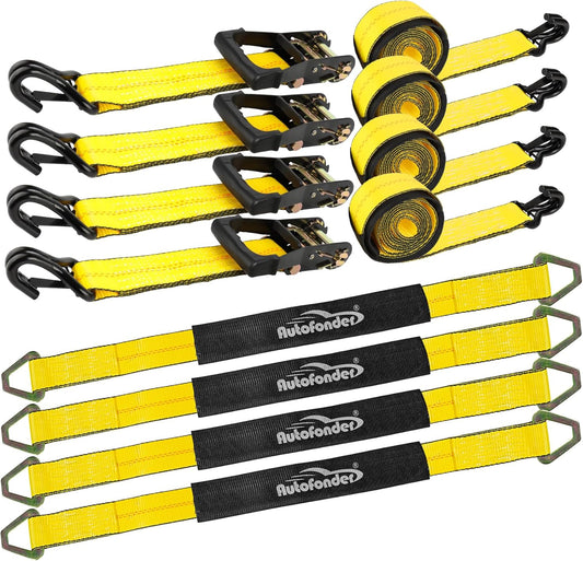 Car Tie Down Straps for Trailers 2inch x10ft - J Hooks with Safety Clips(10,000 Lbs Break Strength)-4 Pack Heavy Duty Vehicle Hauler Strap Tire Ratchet Straps with Axle Straps for Truck Utv Trailer