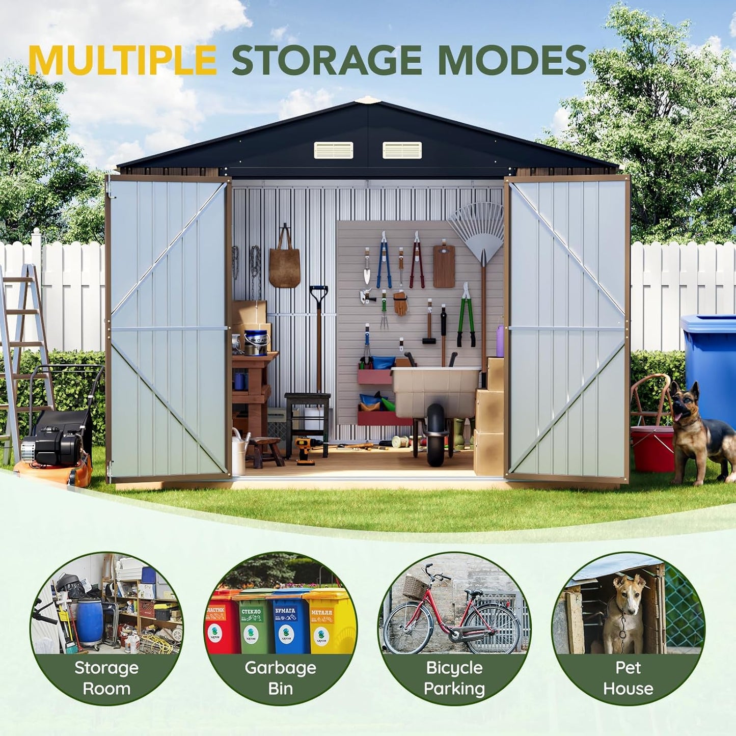 Breezz Outdoor Storage Shed 10 x 12ft. Utility Tool Shed Metal Storage Garden Shed with Lockable Doors, Windows & Metal Frame Floor for Patio Storage,Brown