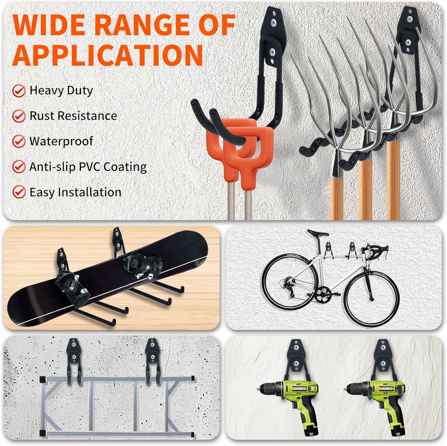 14 Pack Garage Hooks, Utility Wall Mount Garage Hooks Heavy Duty with Multiple Welding Spots, Garage Organization for Hanging Garden & Shed Tools, Bike, Ladder, Hose and More(Black)