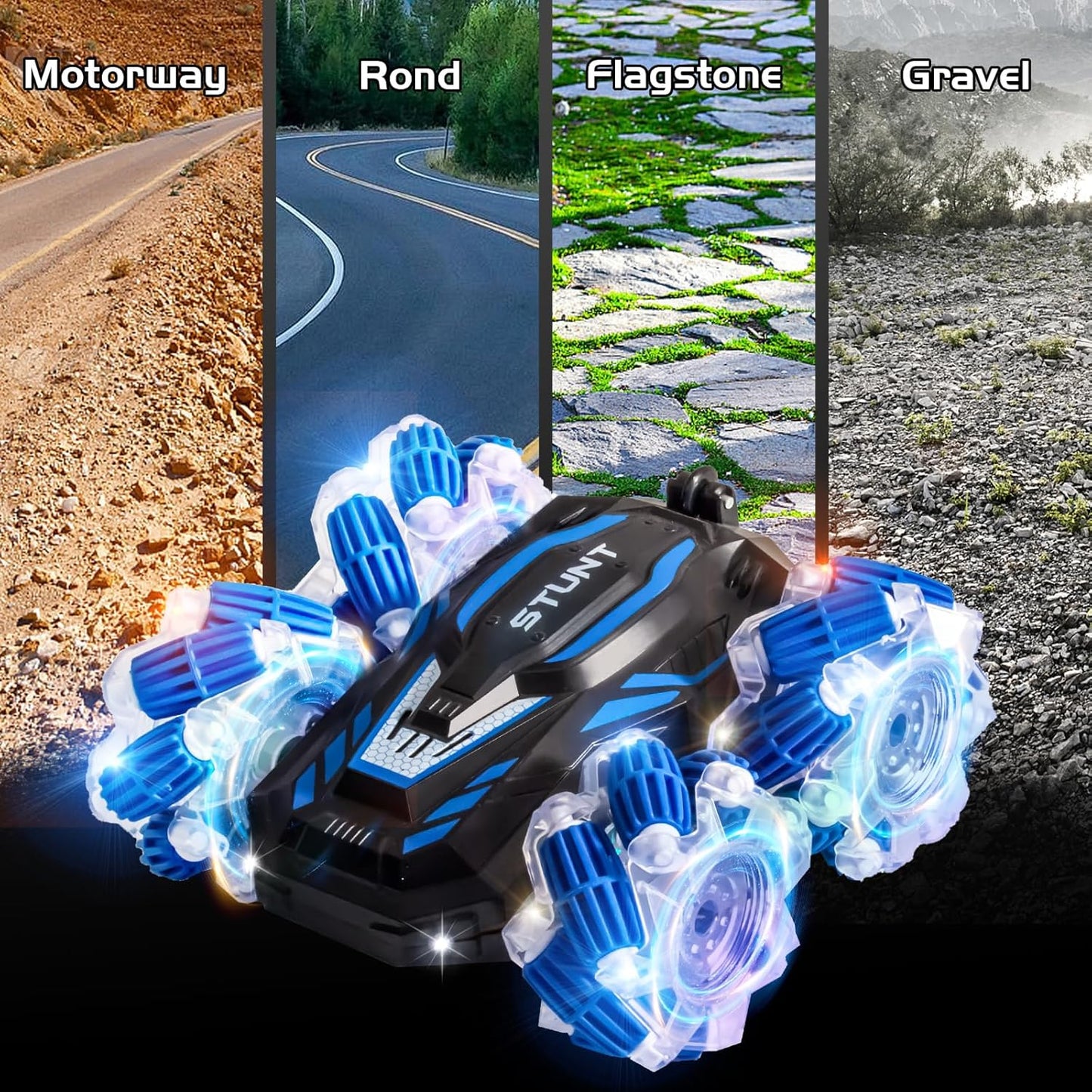 Remote Control Car, 2.4 Ghz 4WD Gesture Sensing RC Stunt Car, Double Sided 360° flip, with Cool Lights and Music, Birthday Present Toys Car for Boys SND Girls Aged 5-12 (Blue)