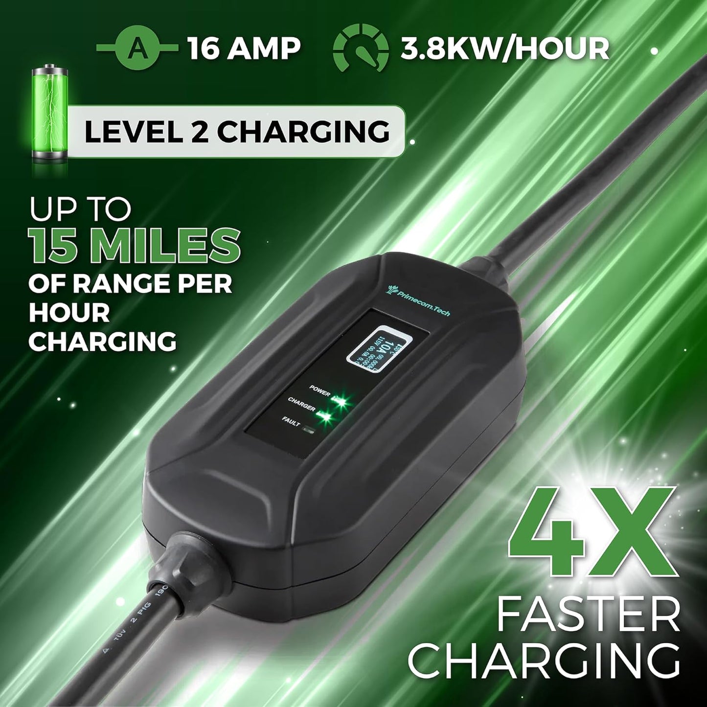 PRIMECOM Level 2 EV Charger 220/240V, 16A, 30ft & 50ft, Portable EVSE Electric Vehicle Charging Cable Compatible with Bolt Volt Leaf BMW i3 Fiat 500e Clarity NIRO Prius (30 Feet, 10-50P)