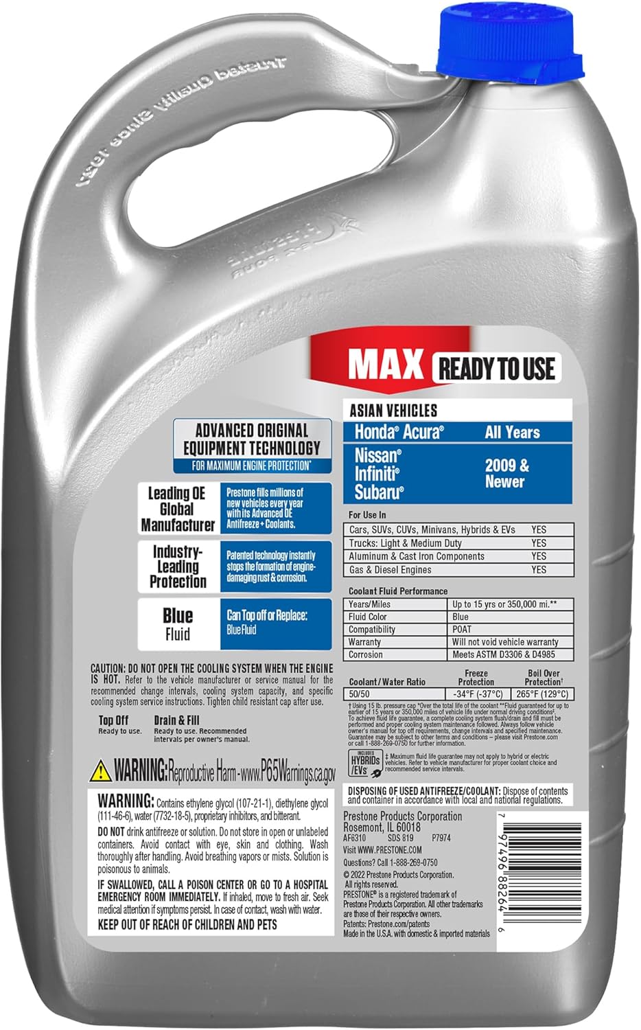 Prestone AF6310 MAX Asian Vehicles Blue Antifreeze and Coolant, 1 Gallon, Pack of 6