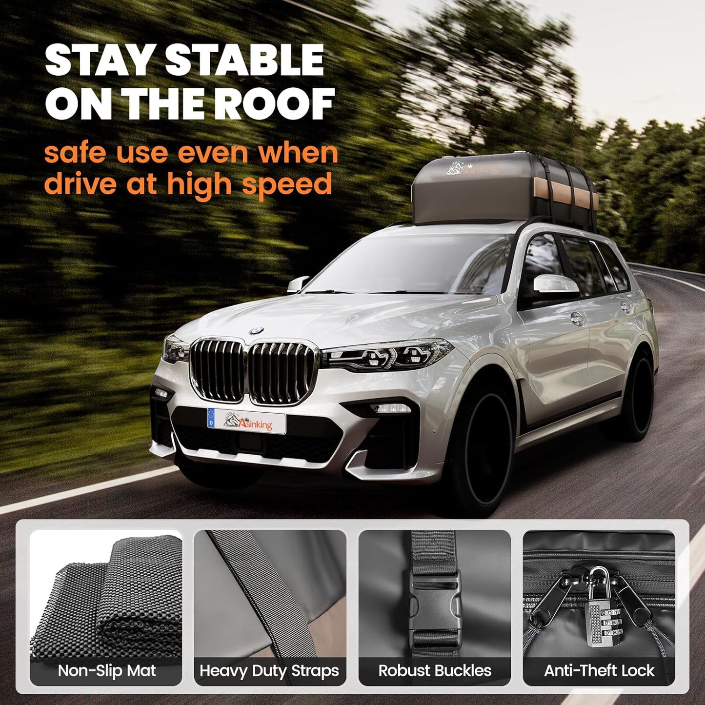 Asinking Car Rooftop Cargo Carrier Bag, 22 Cubic Feet Waterproof Roof Cargo Bag, 500Lbs Break Strength, Fit Vehicles with/Without Roof Rack, Includes Anti-Slip Mat, 6 Door Hooks, Luggage Lock