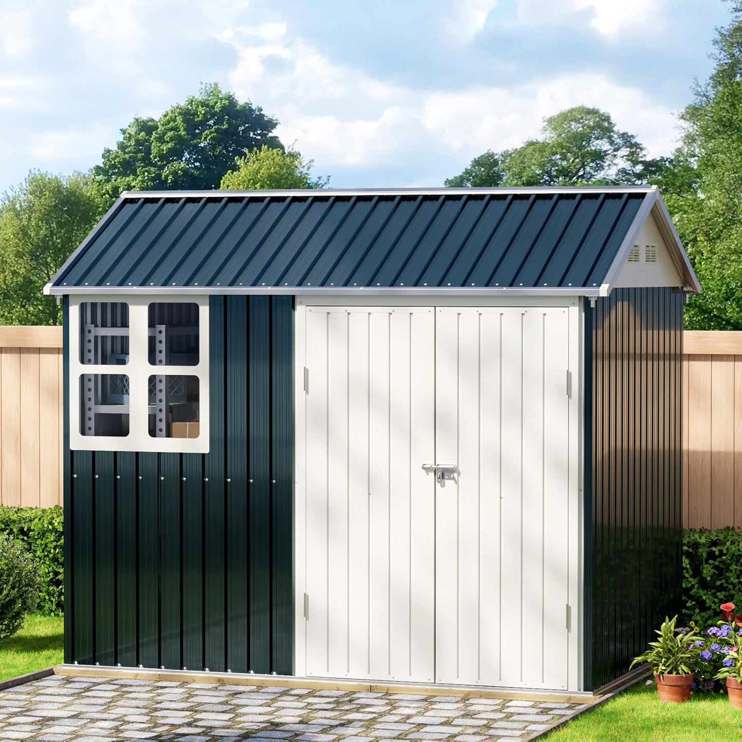 8X6FT Outdoor Steel Storage Shed with Lockable Doors, Frame Floor (No Wood/Other Boards),One Window,Ideal for Garden, Backyard, Patio Storage