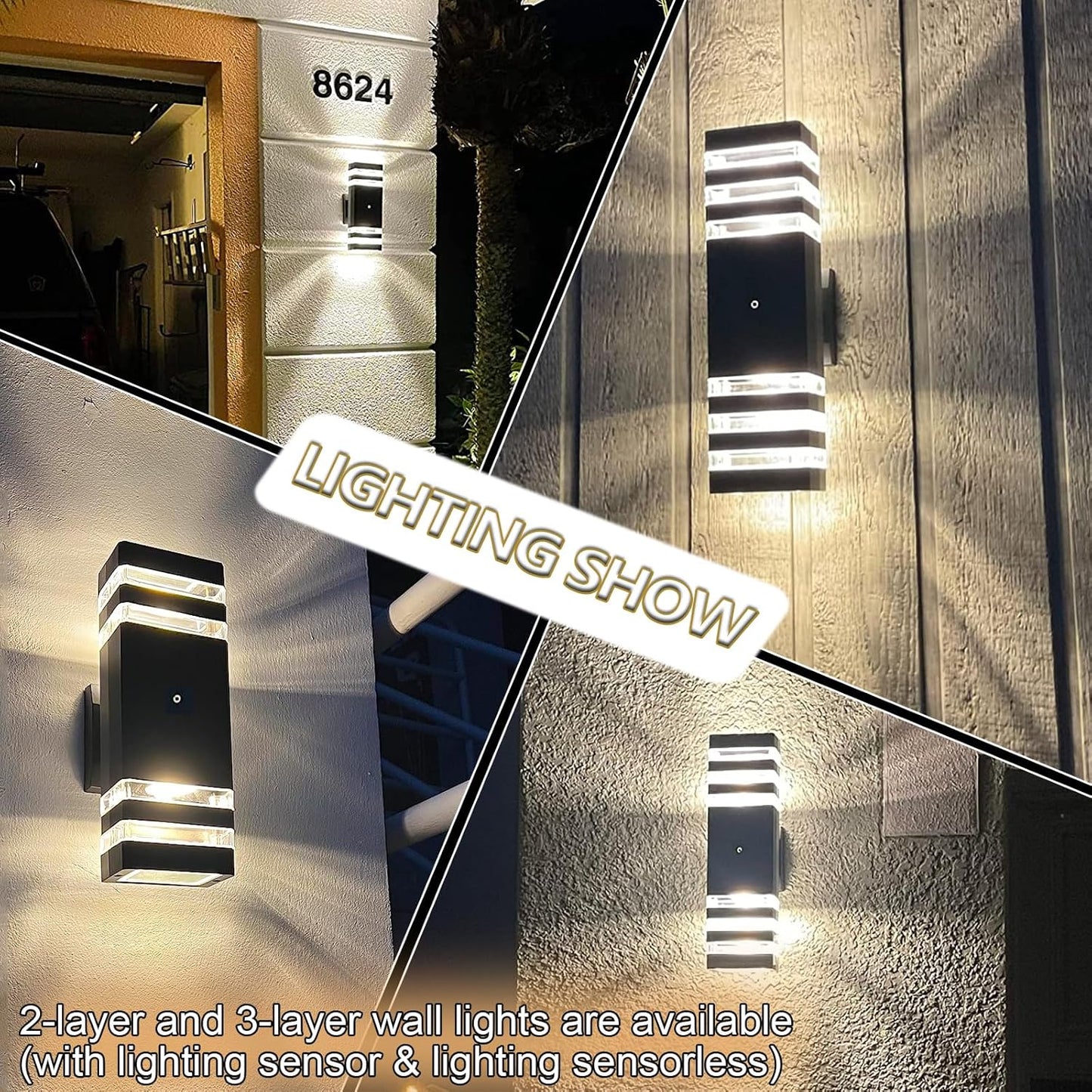 tewei 6 Pack Dusk to Dawn Outdoor Lighting, Modern Black Exterior Light Fixtures 2-Layer Up and Down Outside Wall Lights IP65 Waterproof Outdoor Sconces Lighting for Porch Garage, 3000K