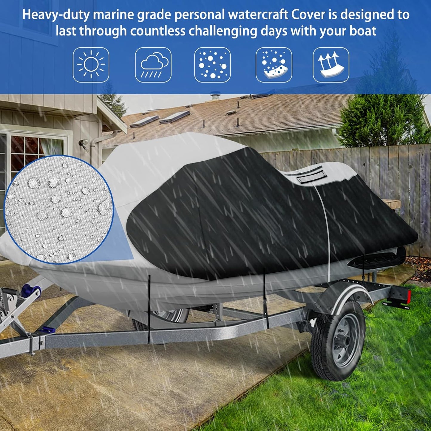 iCOVER Jet Ski Cover- Water Proof Heavy Duty Trailerable Personal Watercraft Covers for Seadoo Kawasaki Yamaha Wave Runner, Fits PWC Models Up to 145in Long