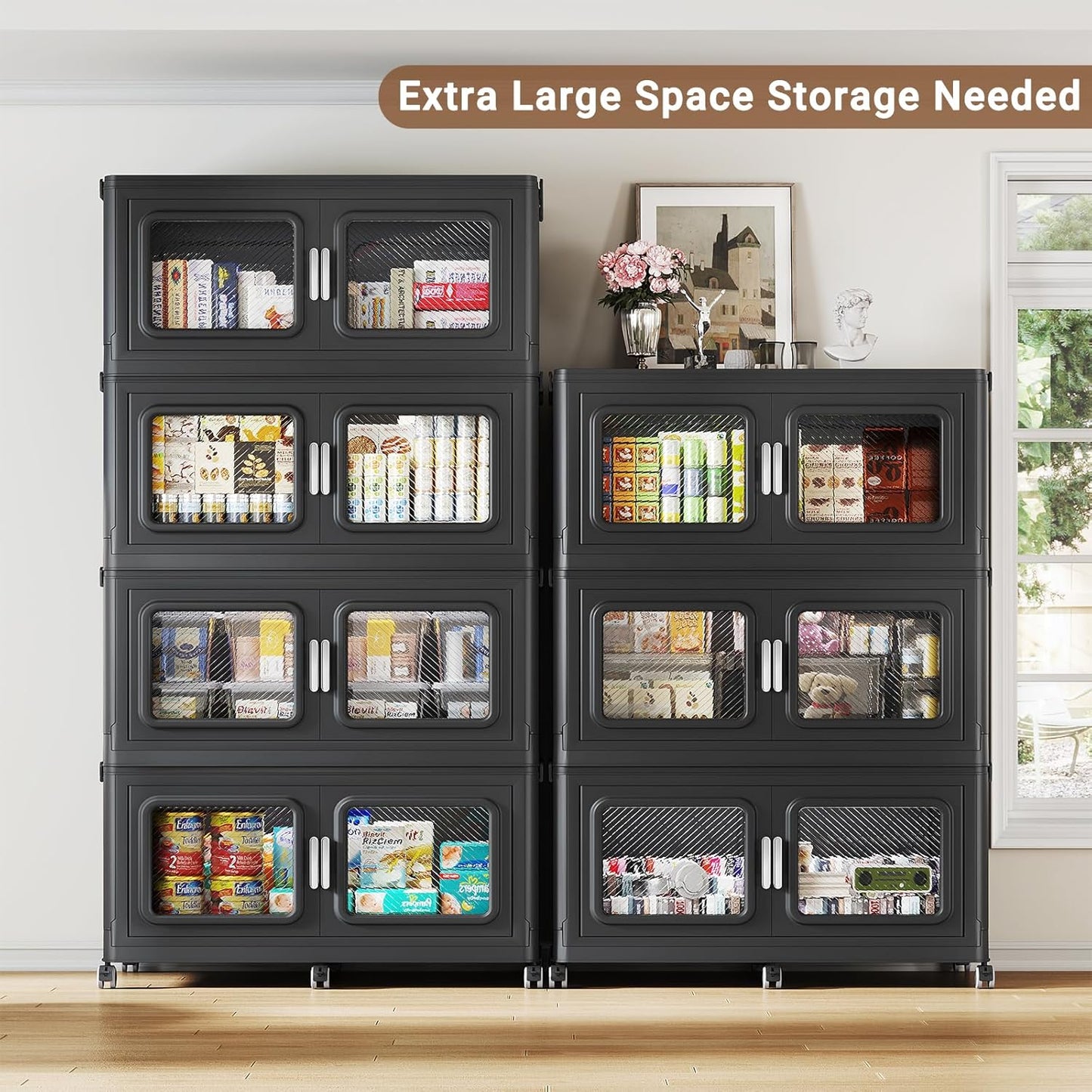 880 Qt Stackable Storage Bin with Lid, 220Gal Extra Large Collapsible Storage Boxes, Folding Plastic Drawer, Heavy-Duty Store Cabinet, Closet Organizer for Home Kitchen, 4 Pack Black