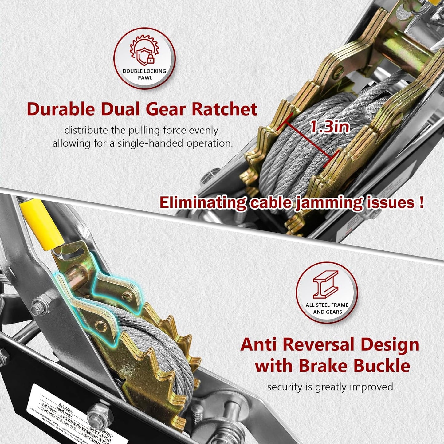 Come Along Winch 2T, Pulling Capacity 12 FT Steel Cable 2 Hooks, with Two 1"x8FT Lifting Straps, Heavy Duty Come Along Tool with Dual Gears, Heavy Duty Hoist Cable Puller for Vehicle Rescue