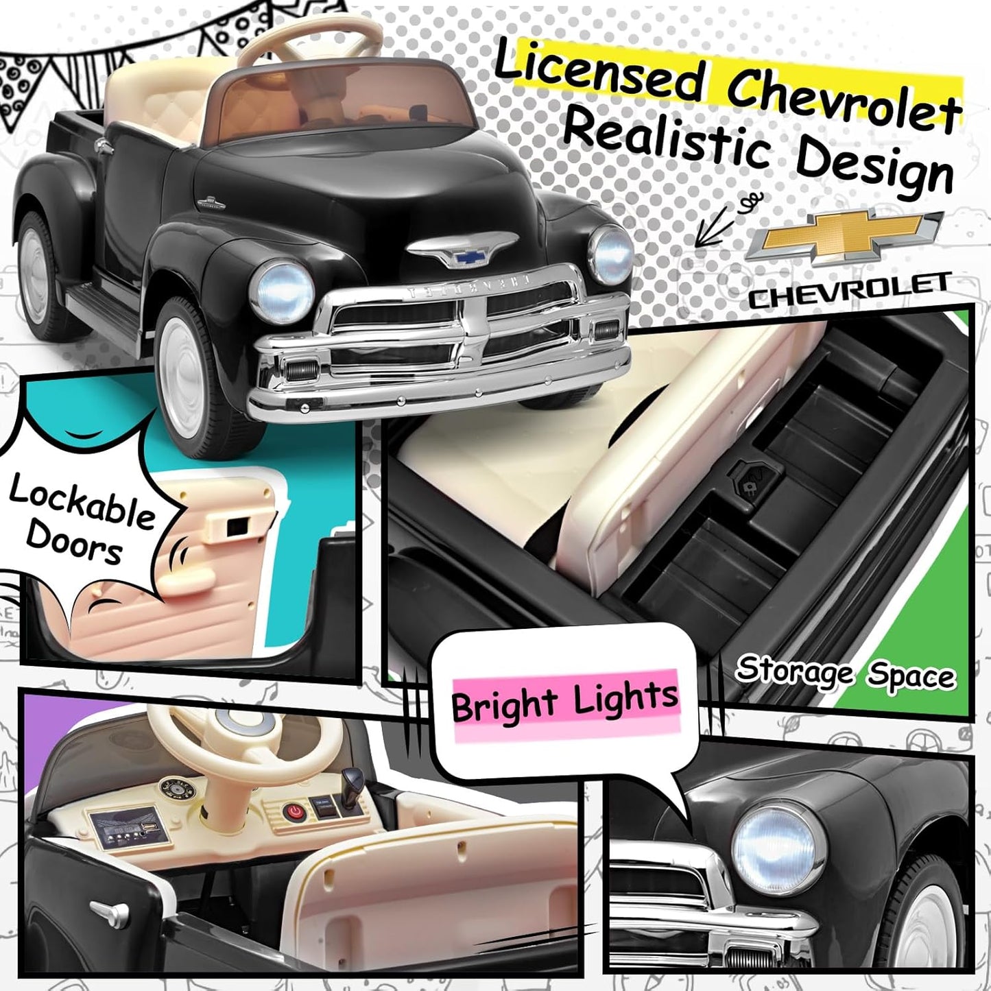 Joywhale 12V Kids Ride on Car Licensed Chevrolet 3100 Pickup Battery Powered Motorized Electric Car,with 7AH Big Battery,2.4G Remote Control,3-Speeds,Storage Space,Music,Retro Style,Black