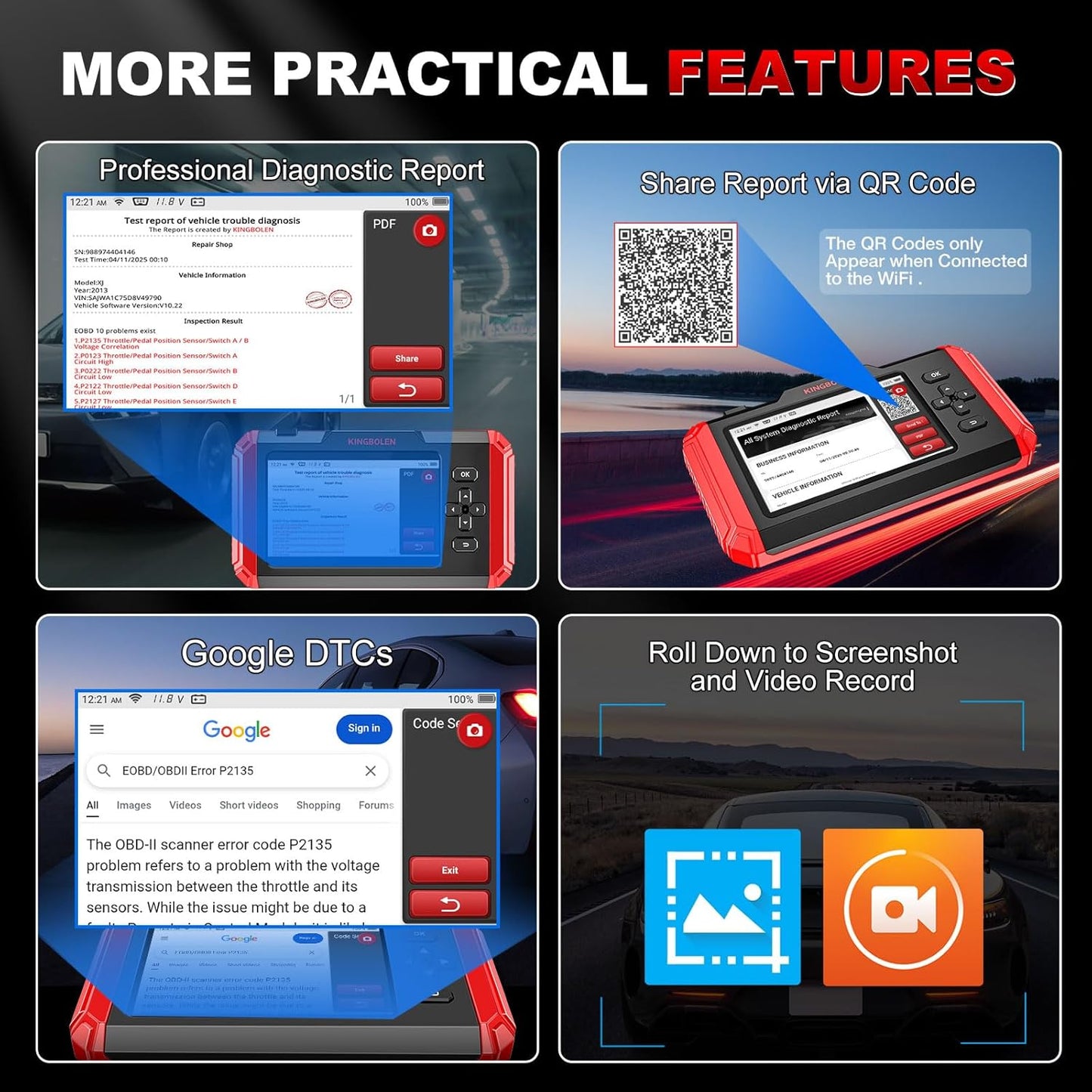 KINGBOLEN S600 OBD2 Car Scanner,ECM/TCM/SRS/ABS Code Reader with 10 Reset,Automotive Engine Scan Tool with OIL TPMS Brake Bleed ETS SAS Throttle Reset,AutoVIN Car Diagnostic Tools,Lifetime Free Update