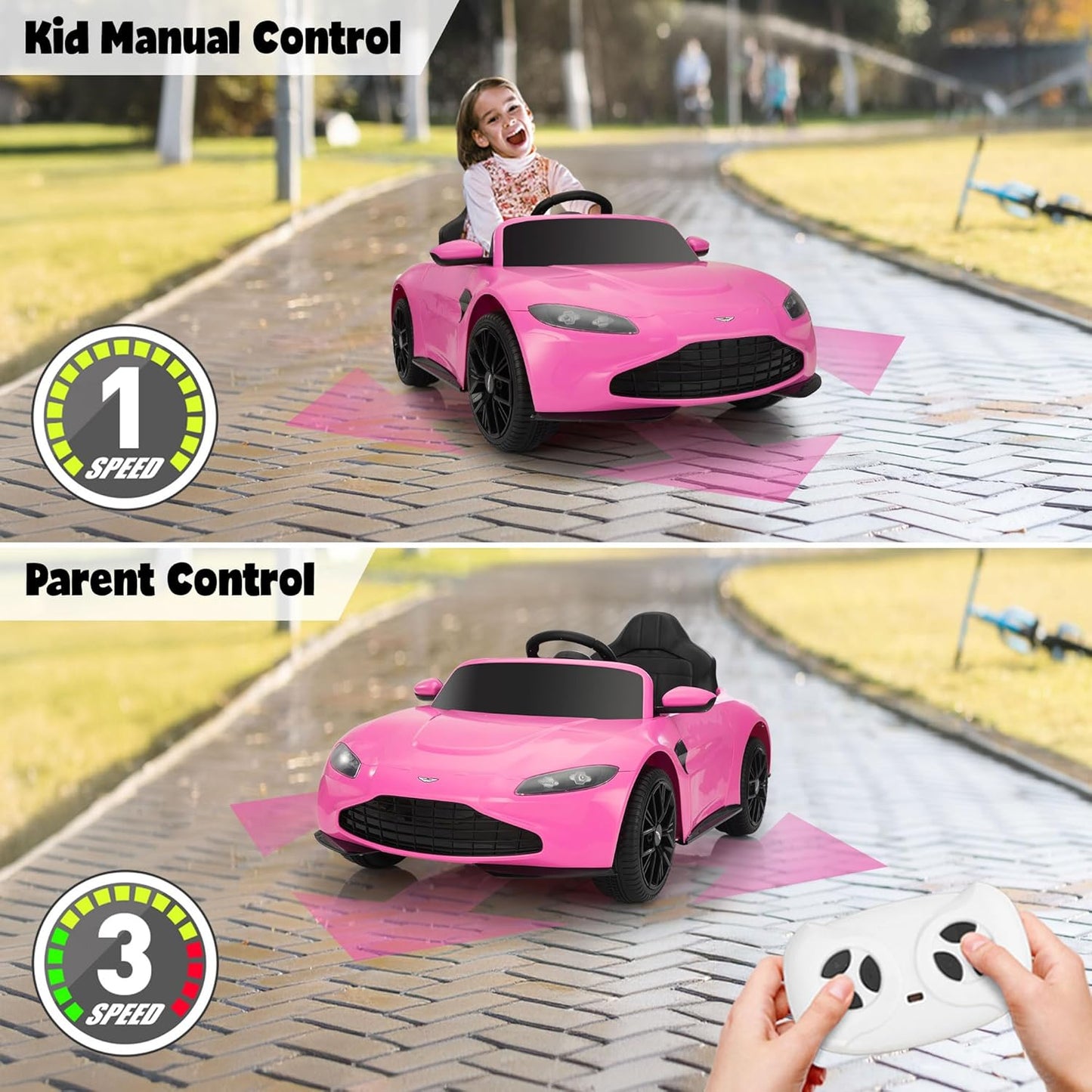 Ride on Car with Remote Control, 12V Licensed Aston Martin Electric Car for Toddlers with Soft Start, Music, USB, Bright Lights, Battery Powered Car for Kids 36-95 Months (Pink)