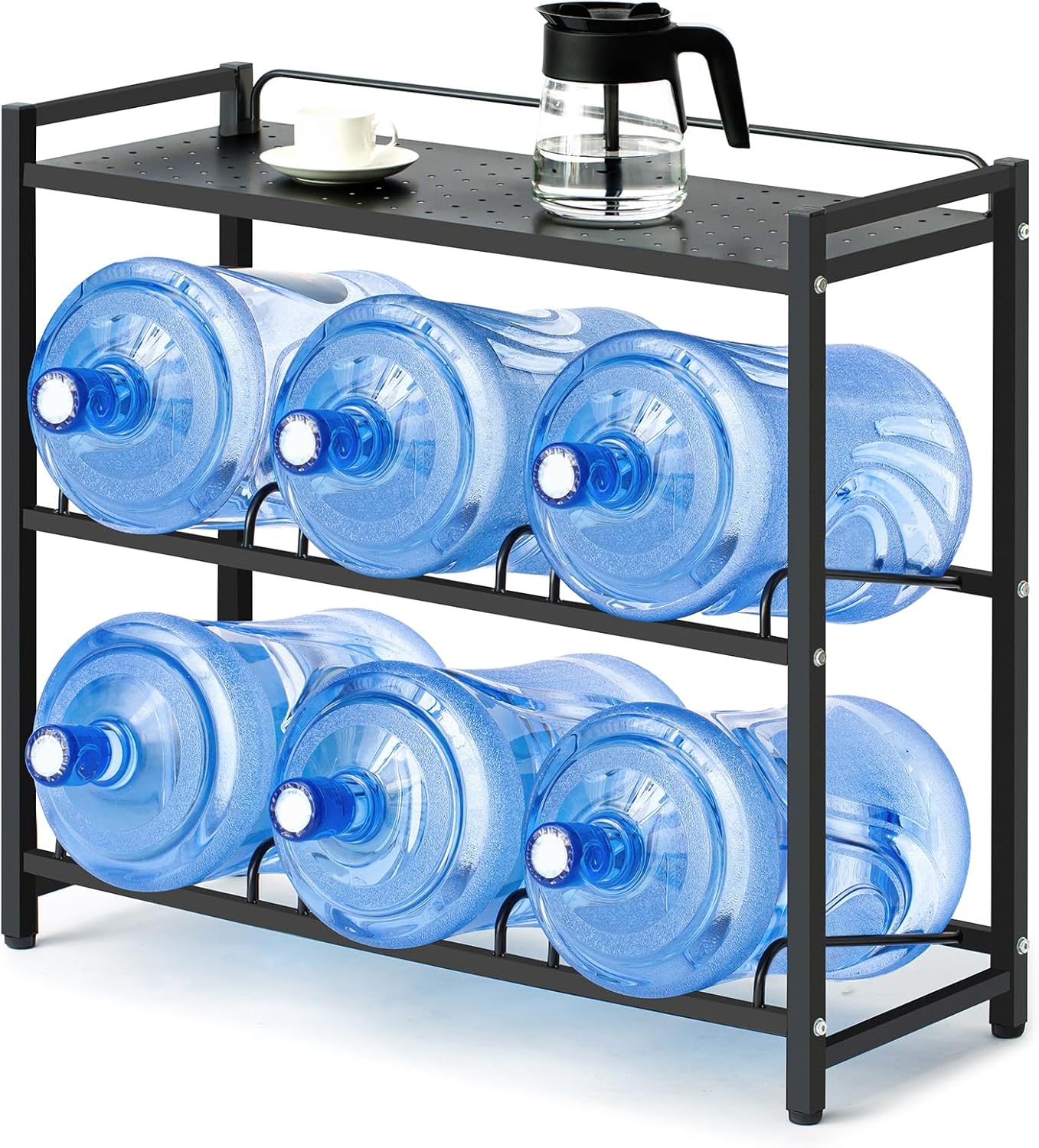 5 Gallon Water Bottle Holder 6-Tray 3/5 Gallon Water Jug Rack with Top Shelf Heavy Duty Jug Stand for Kitchen, Office, Garage Black