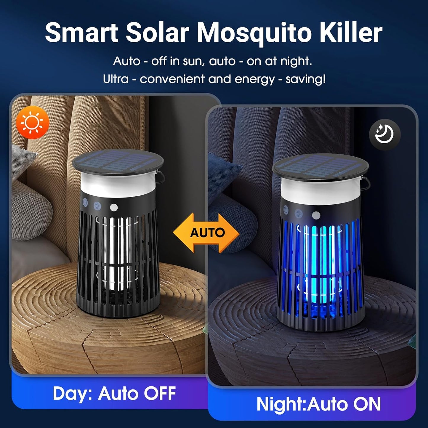 Solar Bug Zapper Outdoor, Portable Electric Mosquito Killer with Panel Sensor, Rechargeable Insect Trap with LED Night Light and Flame Effect, Ideal for Outside Patio, Backyard, and Camping (1 Pack)