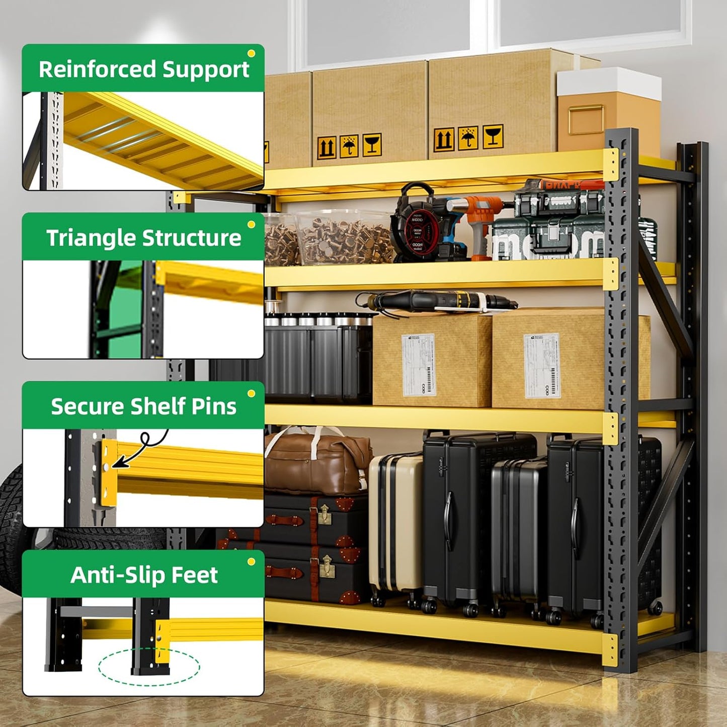 3000LBS Heavy Duty Storage Shelves,63''H Metal Garage Shelving, 4-Tier Adjustable Garage Organization Shelving Units, Industrial Shelving for Warehouse,Workshop- Black & Yellow