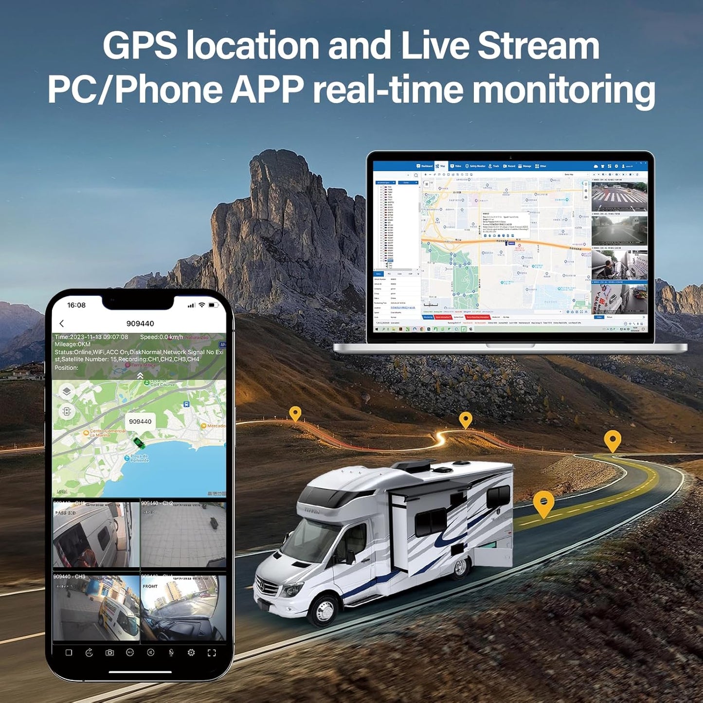 6CH RV Camera System 4G WiFi Live View GPS Tracking 10.1" AI Touch Screen Monitor with 4 Pieces 1080P Waterproof Night Vision Front Side Backup Camera Sentry Mode Blind Spot Pedestrian Detection