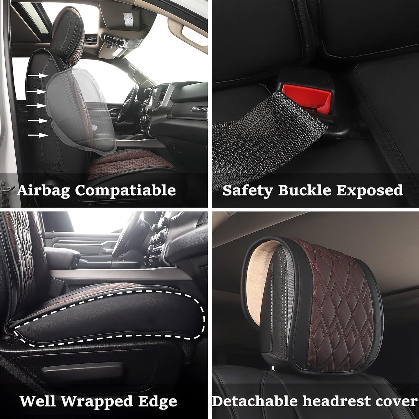 JOJOBAY Car Seat Covers for Dodge Ram 2 Pcs Front,Fit Ram 2009-2025 1500/2500/3500 Pick-up Truck,Crew,Regular,Quad,Mega Cab,Waterproof Leather Seat Covers Protectors（2PCS Front,Black-Brown）
