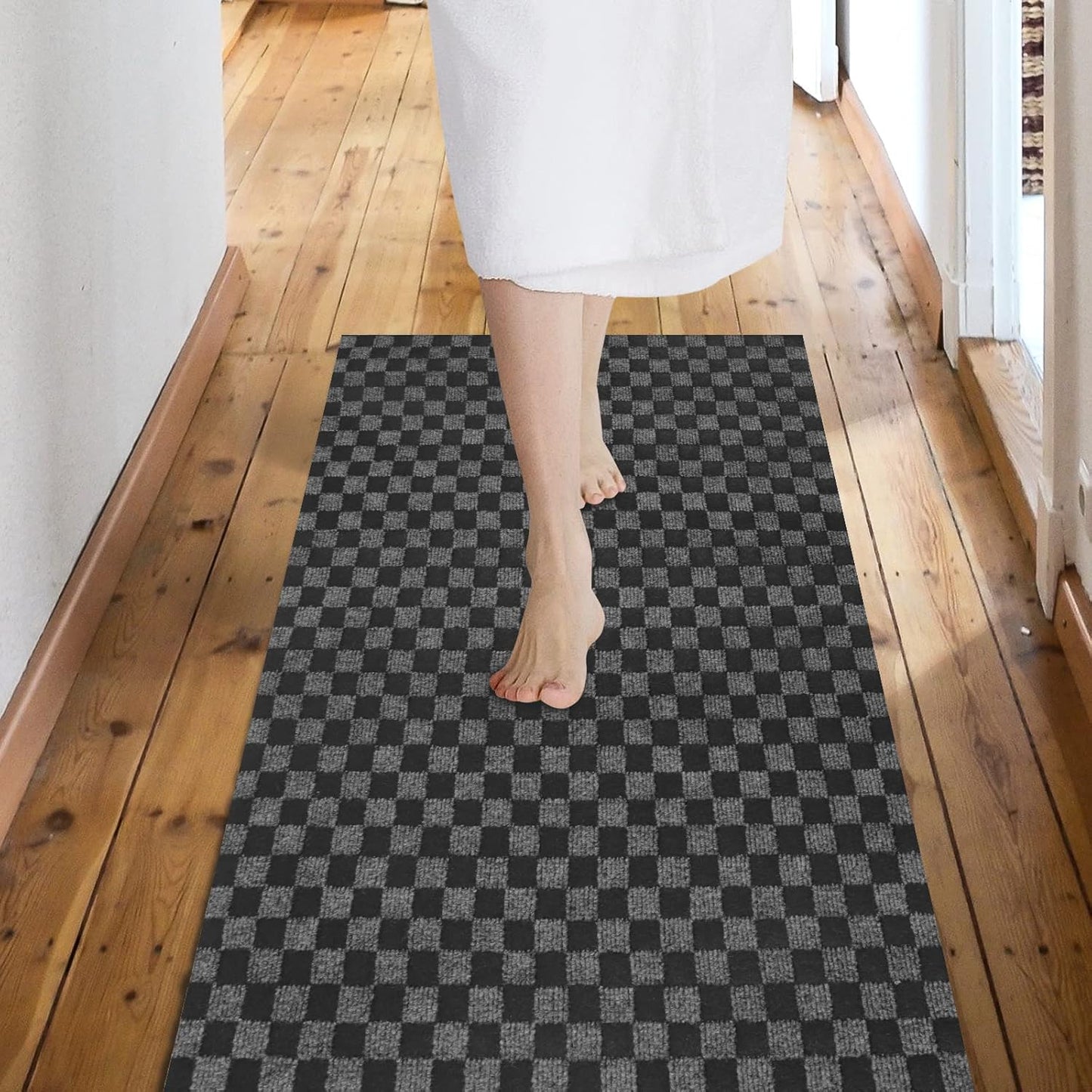 Custom Size Backed Non-Slip Area Rugs Runner, Easy Clean, Waterproof Runner Rugs for Hallway Entryway, Kitchen, Laundry, 3FT x 18FT, Gray Checkered