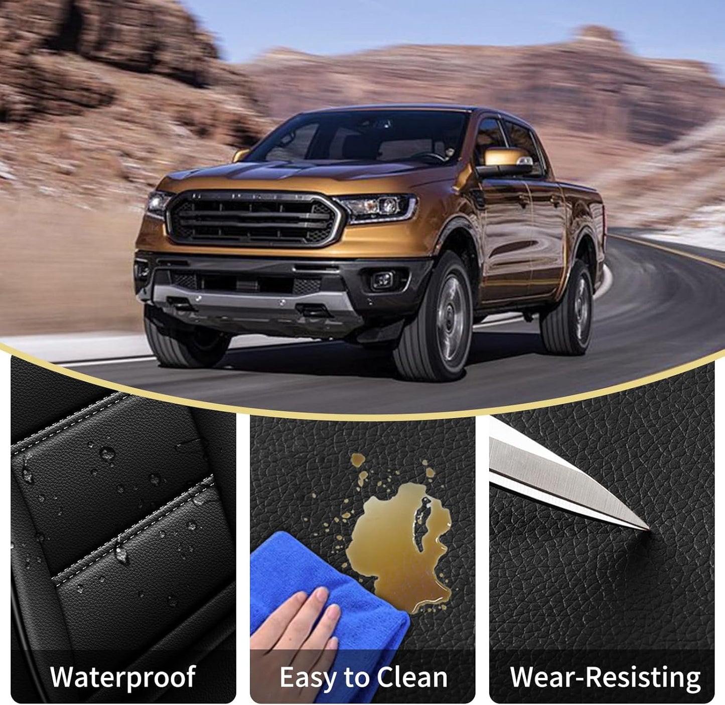 AOMSAZTO Ford Ranger Seat Covers: Front Seat Covers Custom Fit 2019 2020 2021 2022 2023 2024 2025 Ford Ranger XLT/XL/Lariat Waterproof Leather Seat Protector(2 Front Seats, Black)