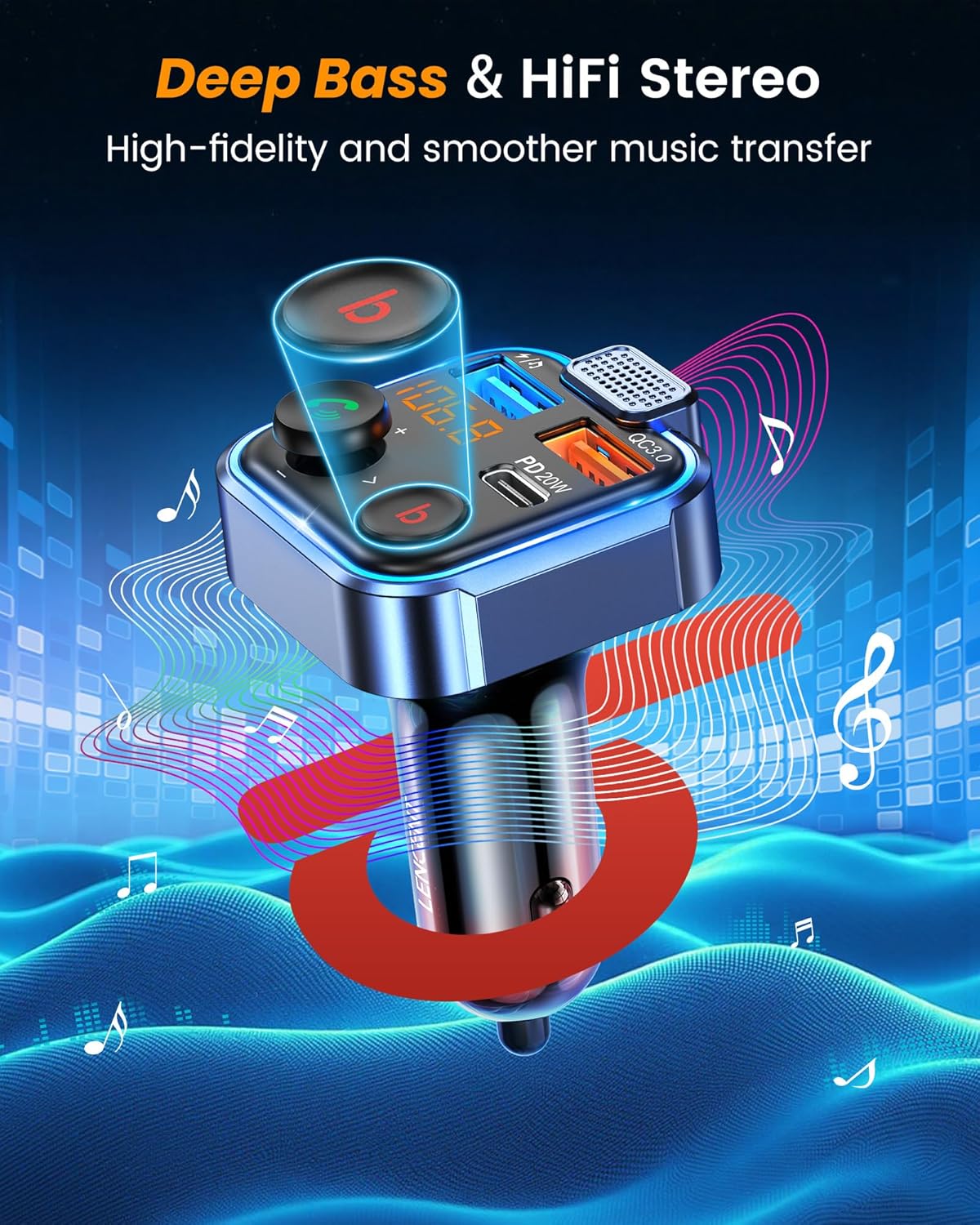 LENCENT FM Transmitter in-Car Adapter, Type-C PD 20W+ QC3.0 Fast USB Charger, Wireless Bluetooth 5.3 Radio Car Kit, Hands-Free Calling, MP3 Player Receiver Hi Fi Bass, Support U Disk