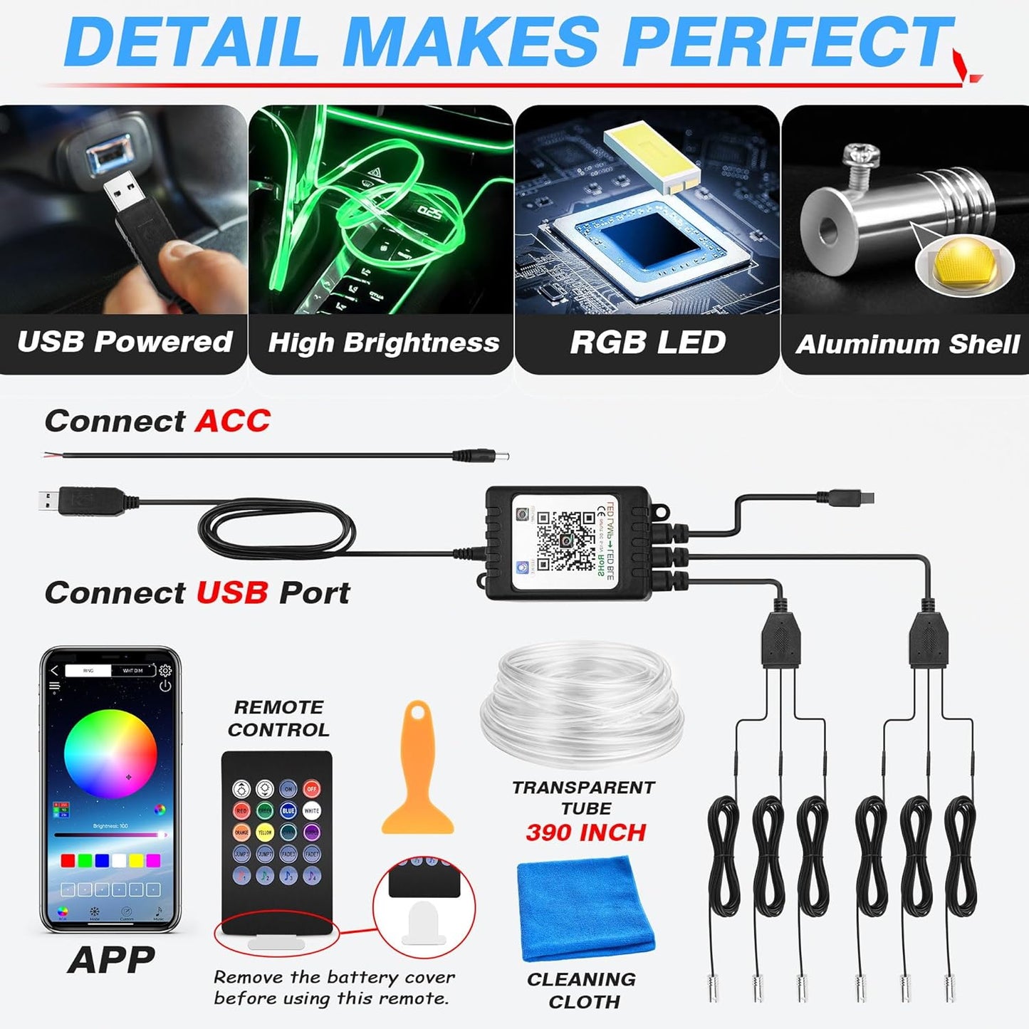 MICTUNING Car LED Interior Strip Light, 6 in 1 RGB Multicolor with 390 inches Fiber Optic Ambient Lighting Kits with Remote and APP Control, Car USB LED Strip Lights with Music Sync Mode