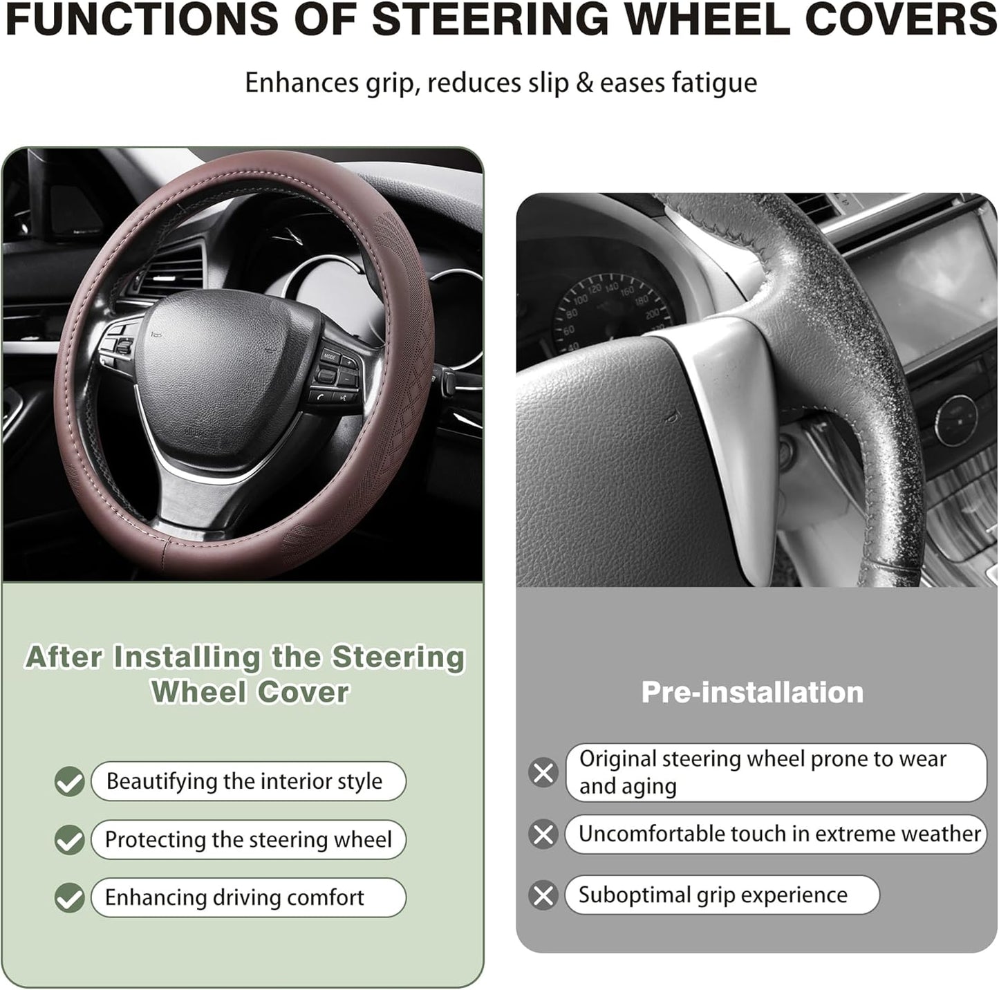 【2025 Model】 Breathable Soft Leather Car Steering Wheel Cover for Men Women, Non-Slip, Comfortable,Universal 15 inches Steering Wheels, Brown
