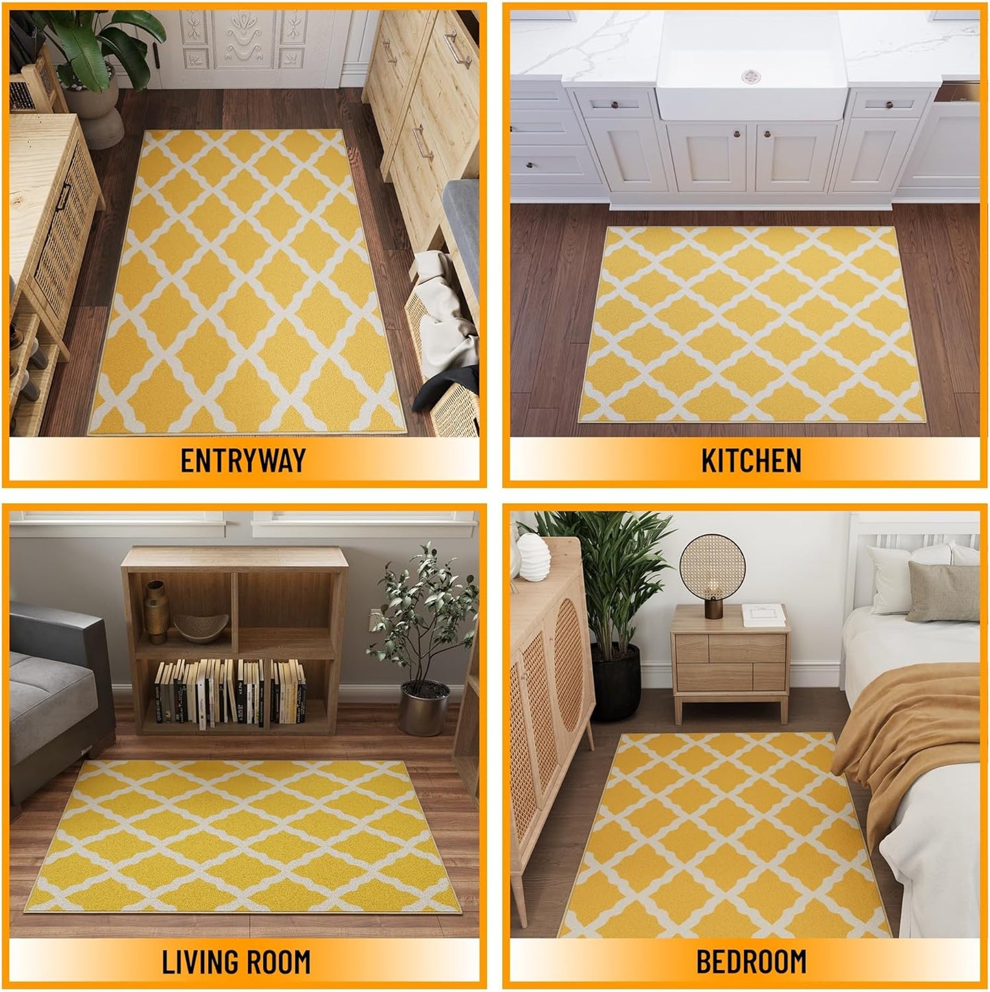 Ottomanson 3'3" x 5' Rugs for Living Room Trellis Area Rug for Bedroom - Non Slip Durable Large Floor Carpet for High Traffic Areas - Indoor Rug for Dining Room Kitchen Kids Playroom, Yellow