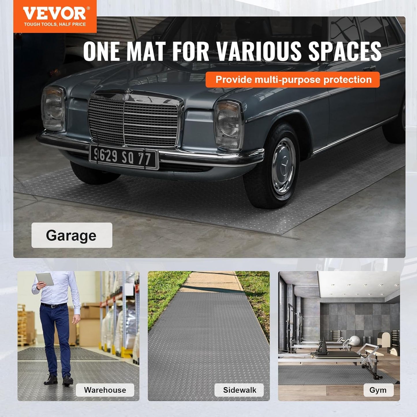 VEVOR Garage Floor Mat, 25.5 x 3.6 FT PVC Garage Flooring Roll, 2.5mm Thickness, Non-Slip Diamond Texture, 91.17 sq.ft Covering Space, Garage Mats for Under Cars for Gyms Boats Trailer, Silver Gray