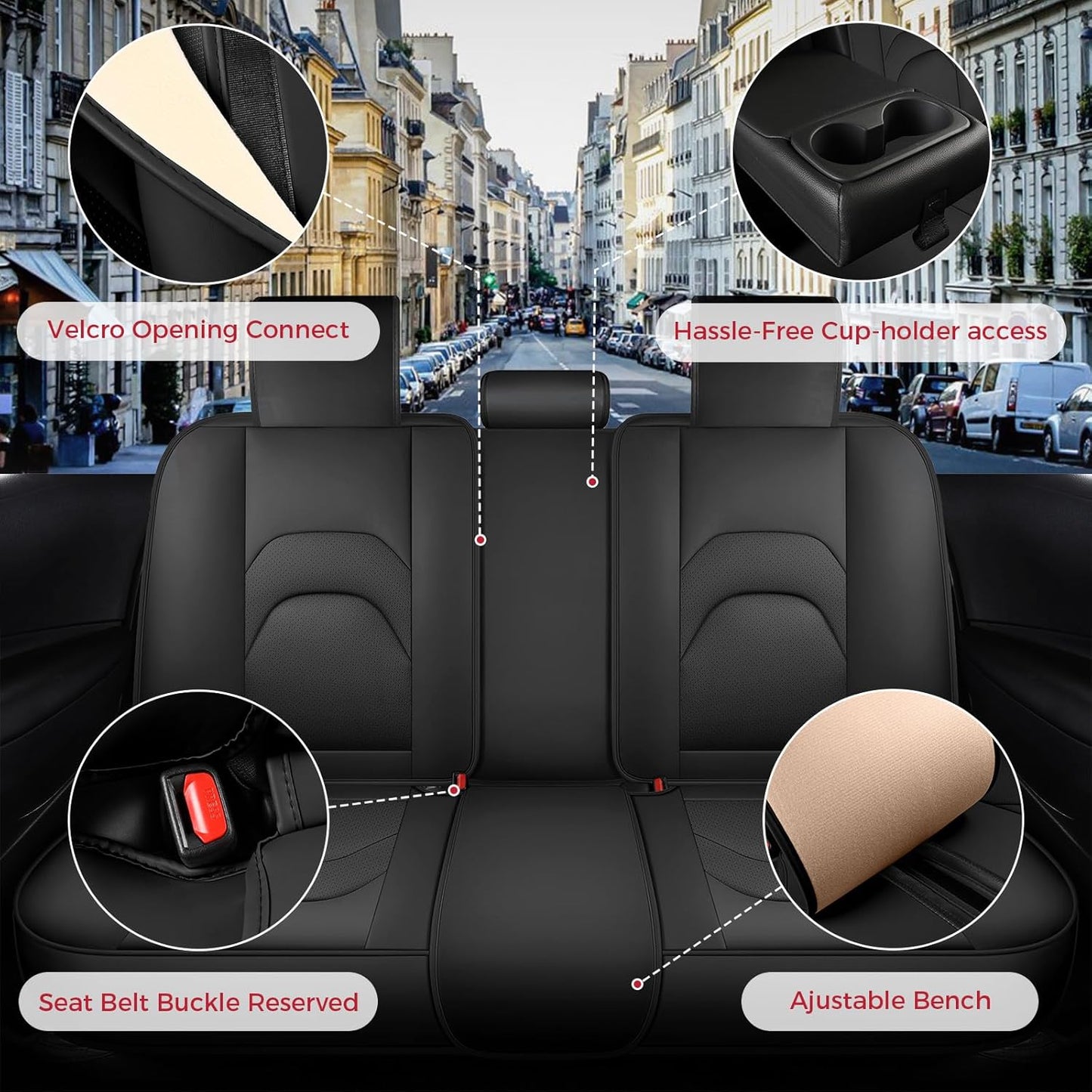 FREESOO Car Seat Covers Full Set,Waterproof Automotive Seat Covers, Leather Cars Interior Covers, Seats Protection Universal fit Babies & Adult (Black Red)