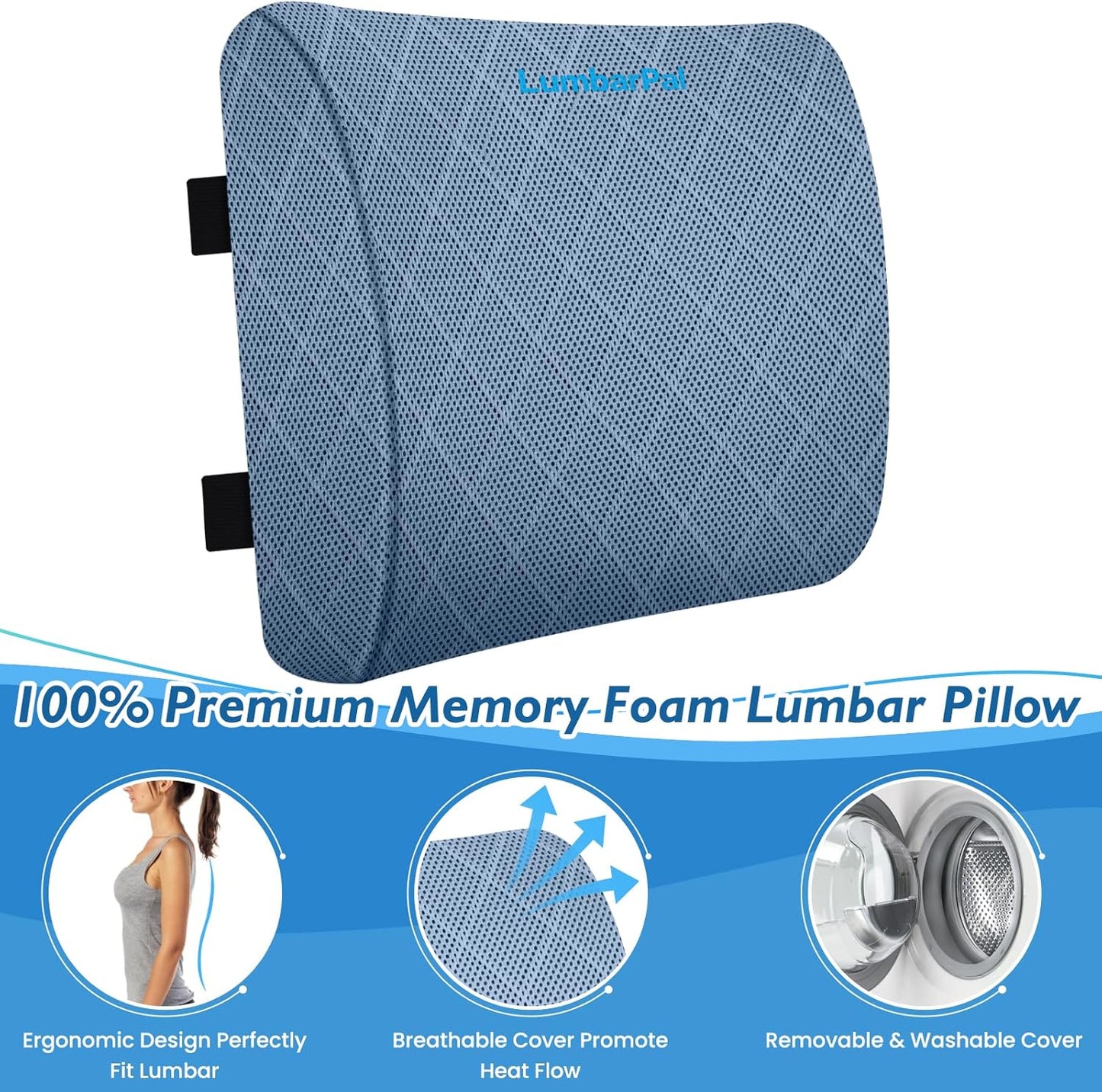 Lumbar Support Pillow for Office Chair Back Support Lumbar Pillow for Car, Gaming, Office Chair - Improve Sitting Posture & Back Pain Relief, Memory Foam, Adjustable Straps, Light Blue